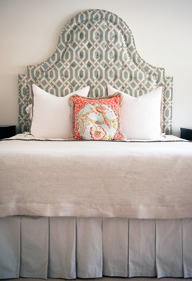 Custom pattern fabric headboard and serene bedroom sanctuary by Bronwyn Poole