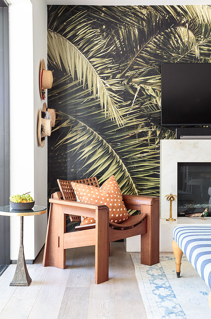 Living room palm frond wallpaper woven armchair polka dot cushion straw hats — Bronwyn Poole Interiors Living room palm frond wallpaper woven armchair polka dot cushion straw hats — Bronwyn Poole Interiors