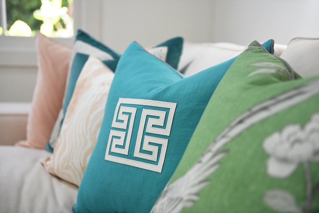 Pillow detail teal greek key green botanical pink moire cushions — Bronwyn Poole Interiors Pillow detail teal greek key green botanical pink moire cushions — Bronwyn Poole Interiors