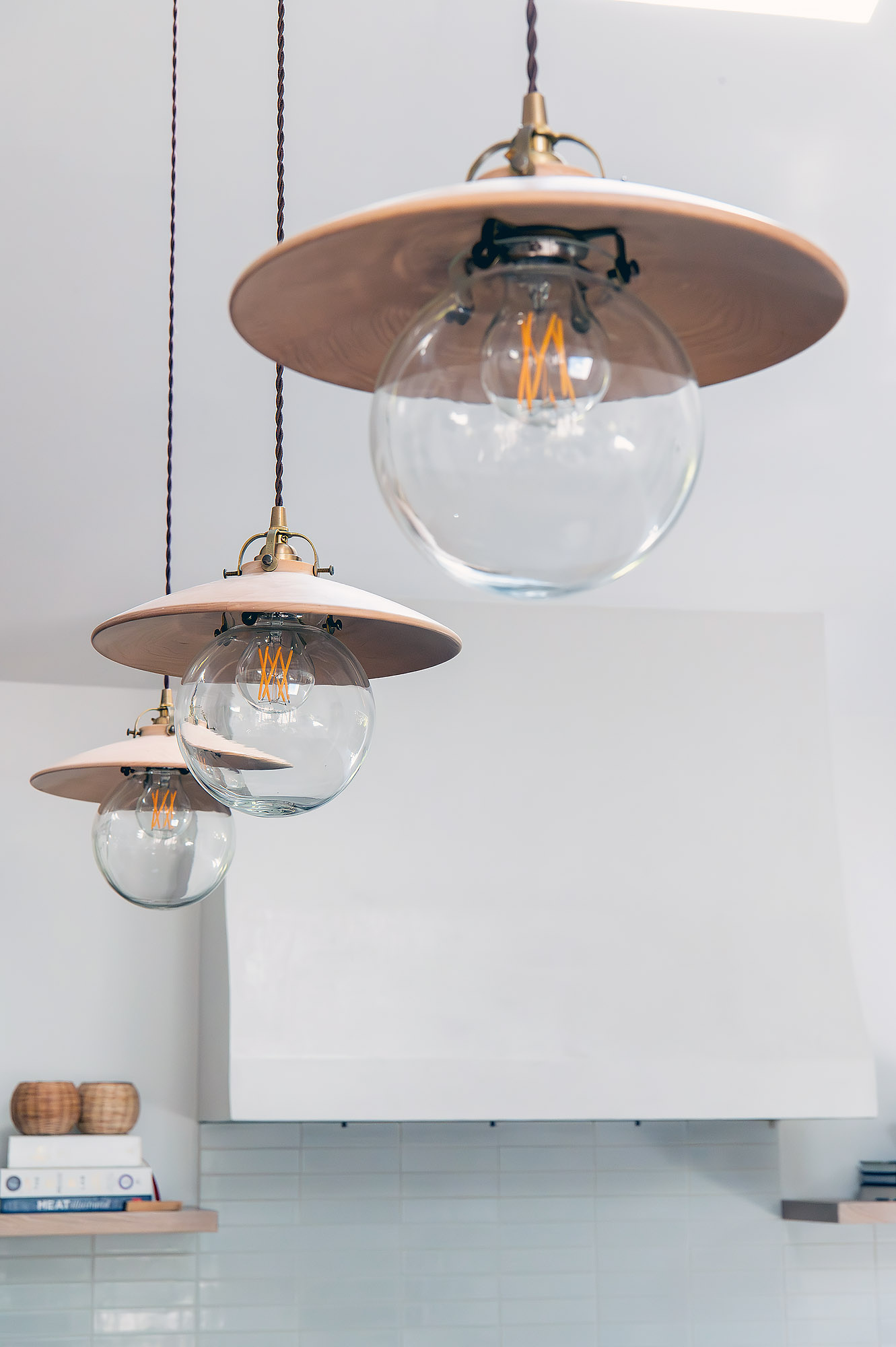 Kitchen three saucer pendants globe edison bulbs white range hood skylight — Bronwyn Poole Interiors Kitchen three saucer pendants globe edison bulbs white range hood skylight — Bronwyn Poole Interiors