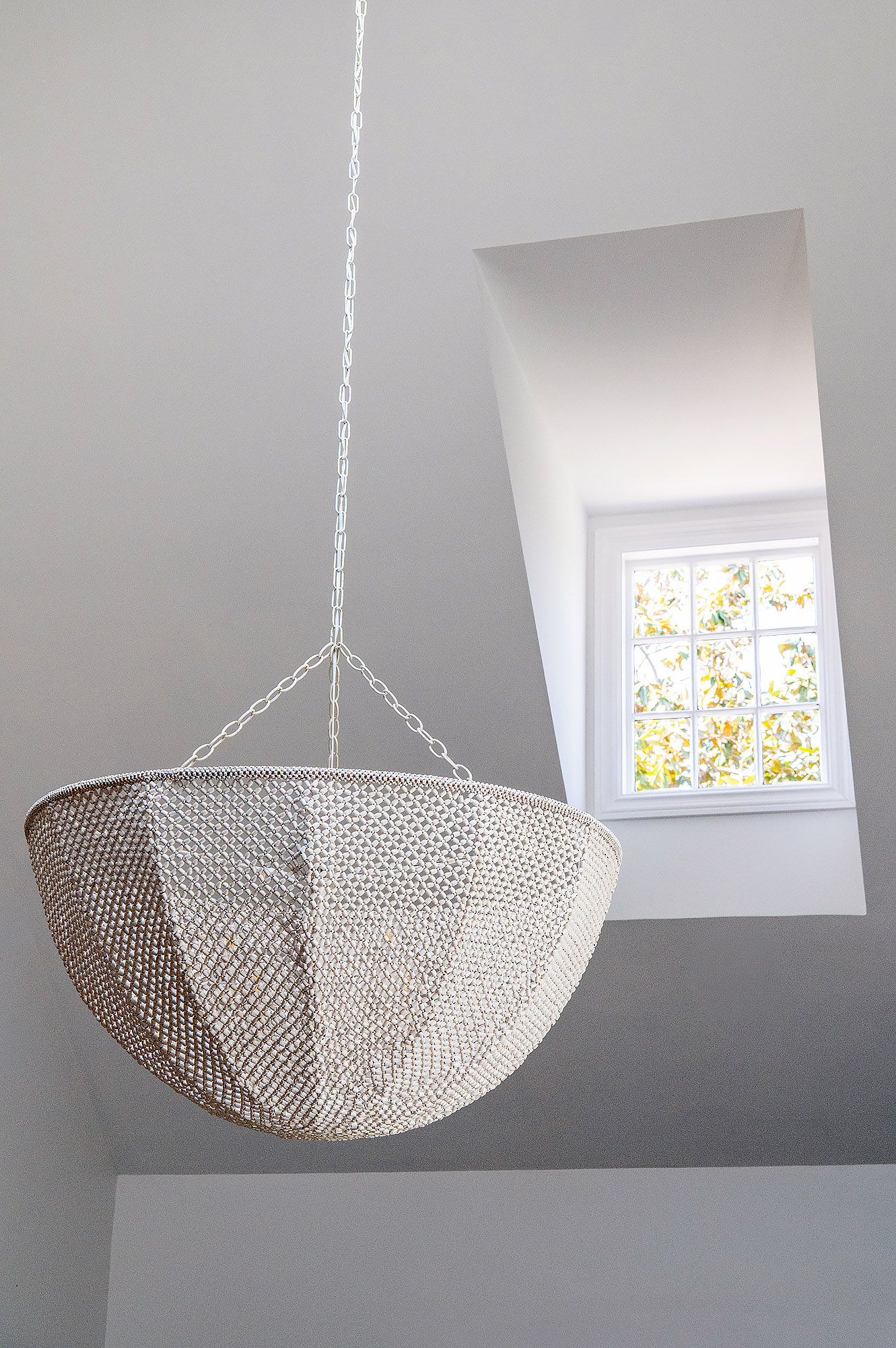 Living room beaded dome chandelier vaulted ceiling dormer window stained glass lemon leaves — Bronwyn Poole Interiors Living room beaded dome chandelier vaulted ceiling dormer window stained glass lemon leaves — Bronwyn Poole Interiors