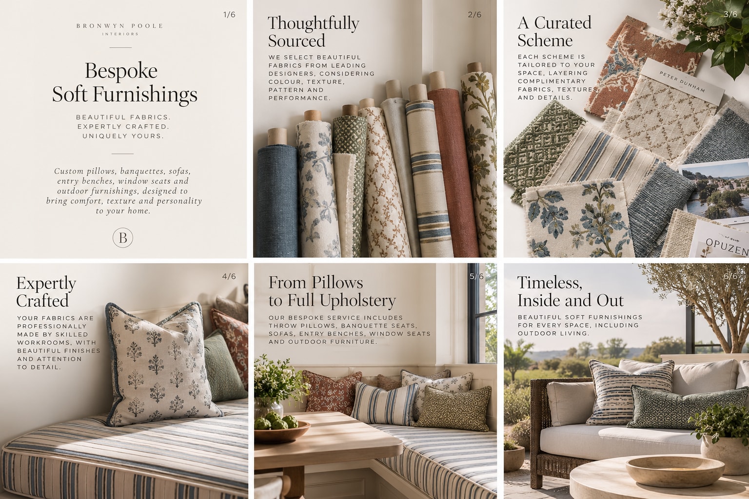 Soft furnishings moodboard with floral and striped fabrics, layered cushions, an upholstered banquette and outdoor seating in blue, green and neutral tones