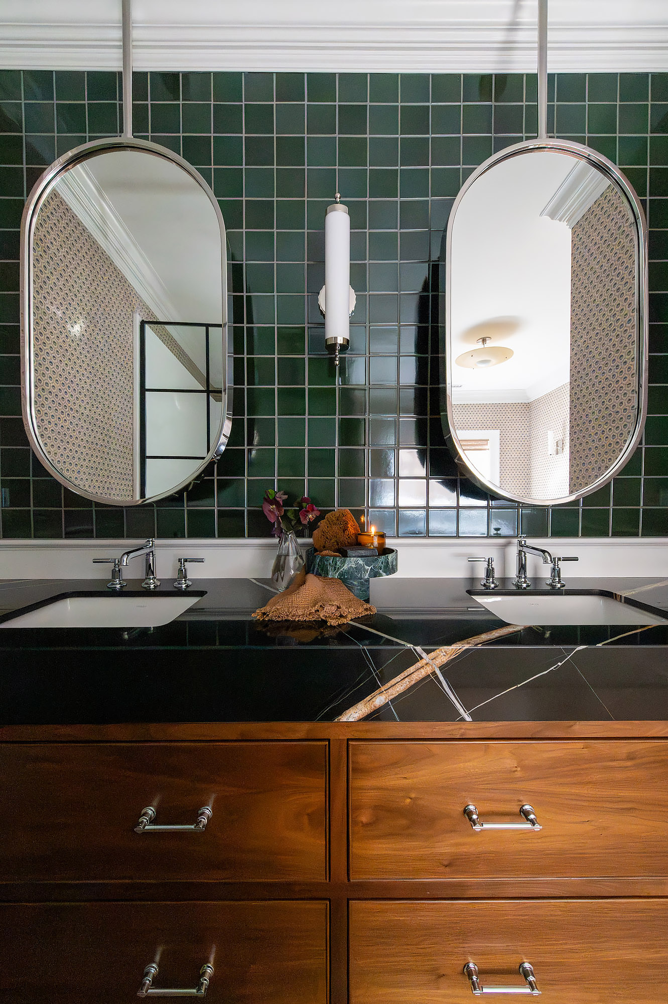 Bathroom green heath tile dual oval mirrors walnut vanity black marble counter — Bronwyn Poole Interiors