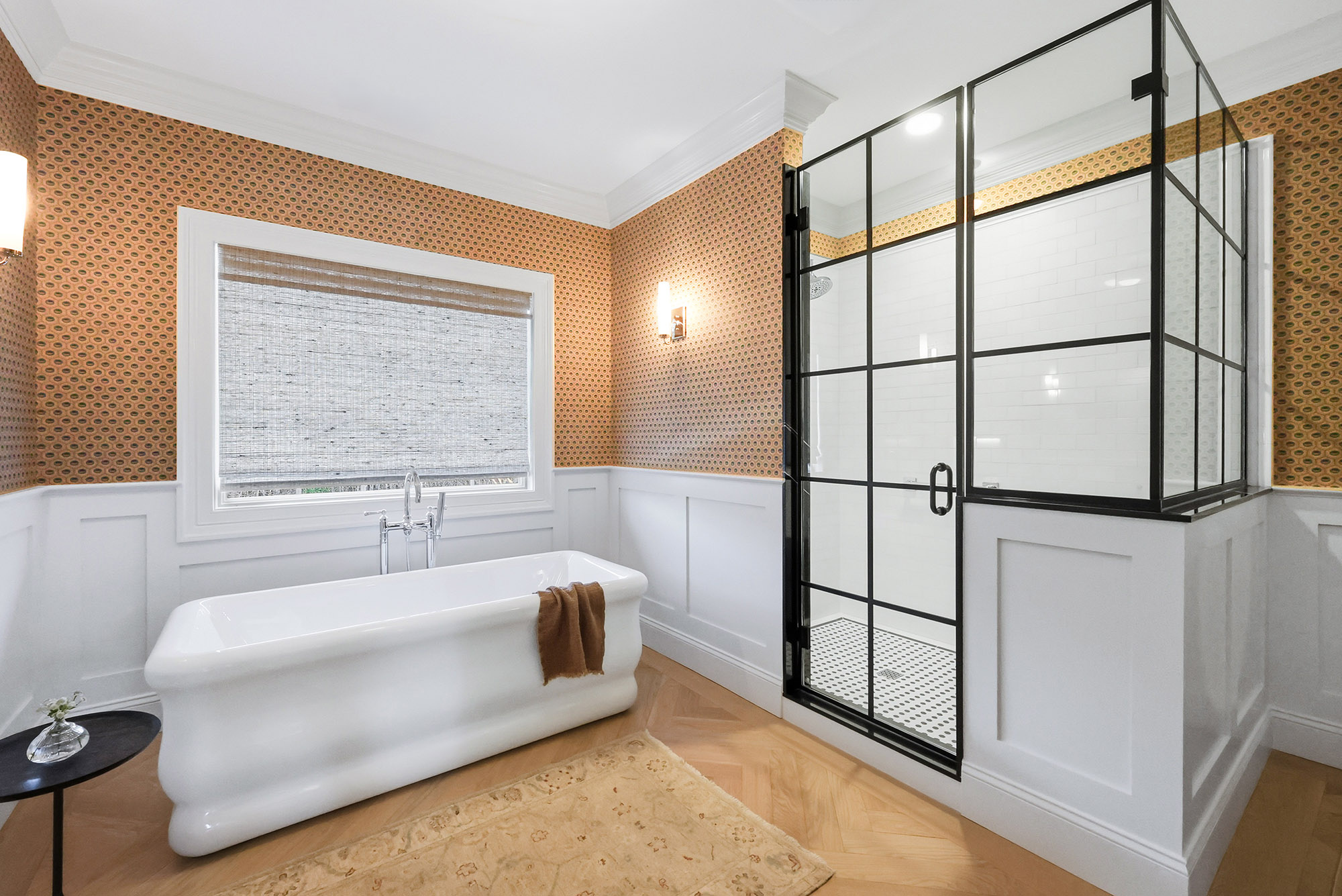 Primary Bathroom Wallpaper & Wainscot Transformation after — Bathroom by Bronwyn Poole