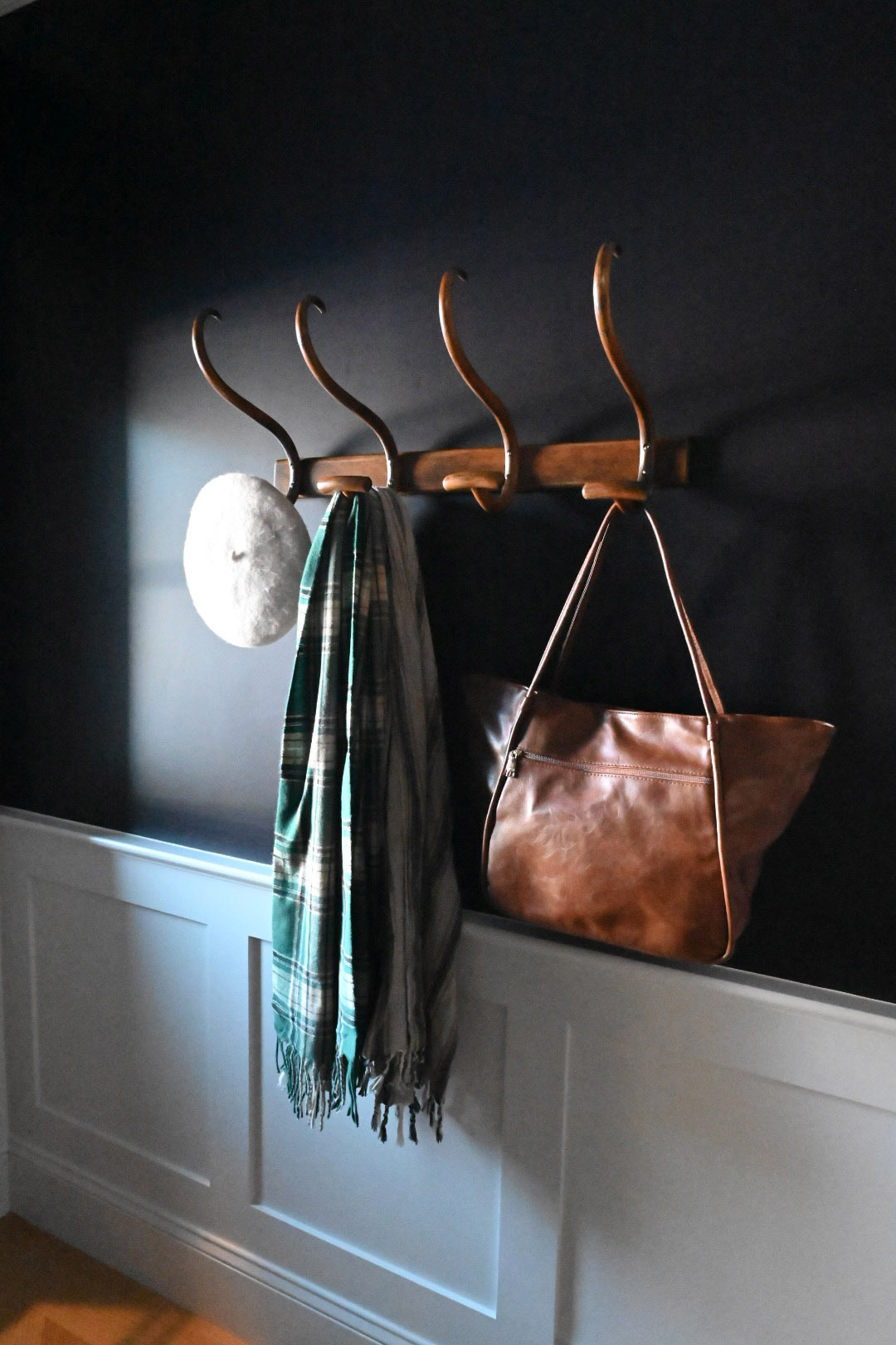 Entry navy walls walnut coat hooks plaid scarf leather tote wool beret white wainscot — Bronwyn Poole Interiors Entry navy walls walnut coat hooks plaid scarf leather tote wool beret white wainscot — Bronwyn Poole Interiors