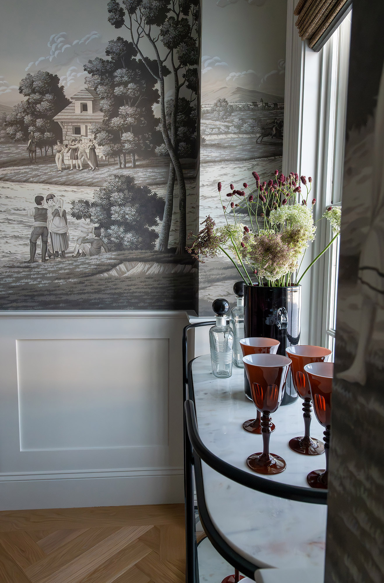 Formal dining bar cart detail marble top burgundy wine glasses amaranth queen annes lace grisaille mural — Bronwyn Poole Interiors Formal dining bar cart detail marble top burgundy wine glasses amaranth queen annes lace grisaille mural — Bronwyn Poole Interiors