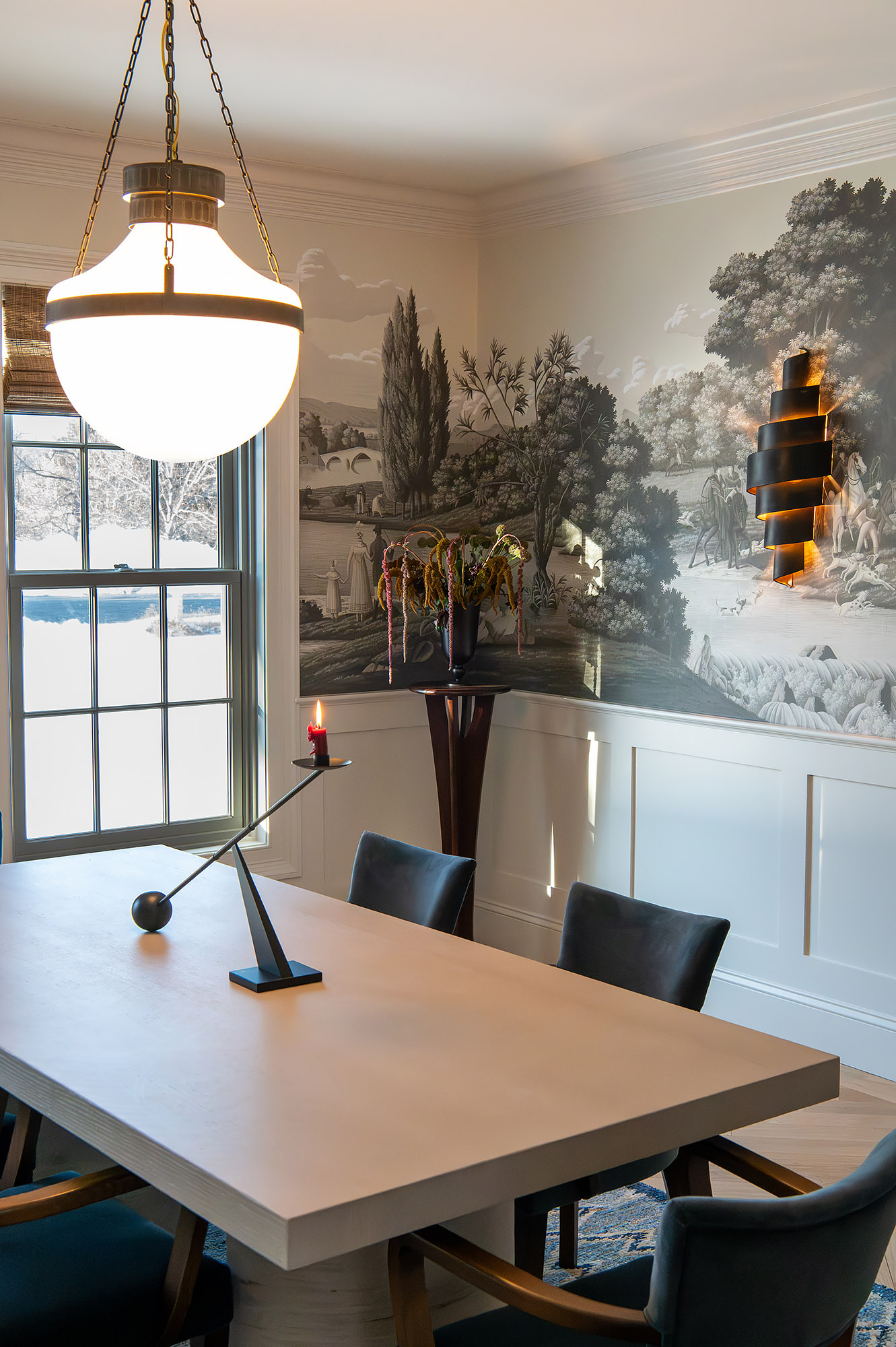 Formal dining window corner globe pendant spiral sconce pedestal amaranth blue velvet chairs snow view — Bronwyn Poole Interiors Formal dining window corner globe pendant spiral sconce pedestal amaranth blue velvet chairs snow view — Bronwyn Poole Interiors