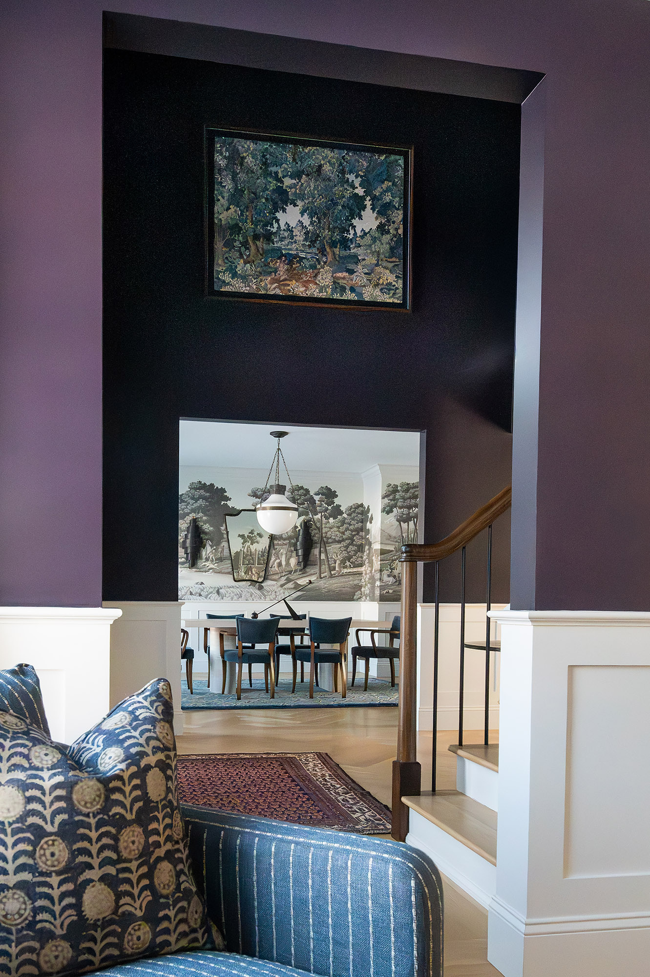 Foyer aubergine archway view dining room mural tapestry block print pillow — Bronwyn Poole Interiors