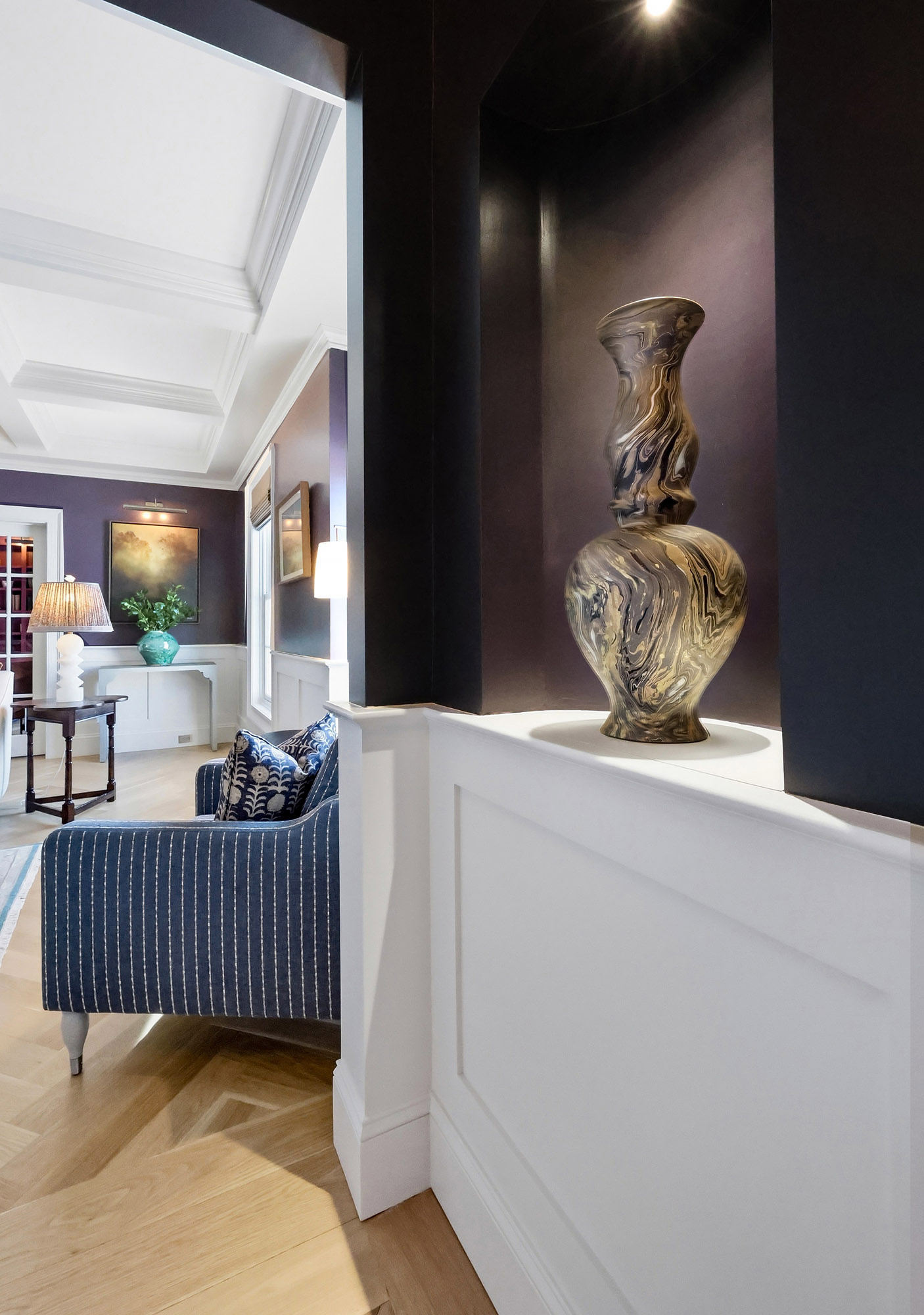 Foyer aubergine niche marbled swirl urn view living room coffered ceiling — Bronwyn Poole Interiors
