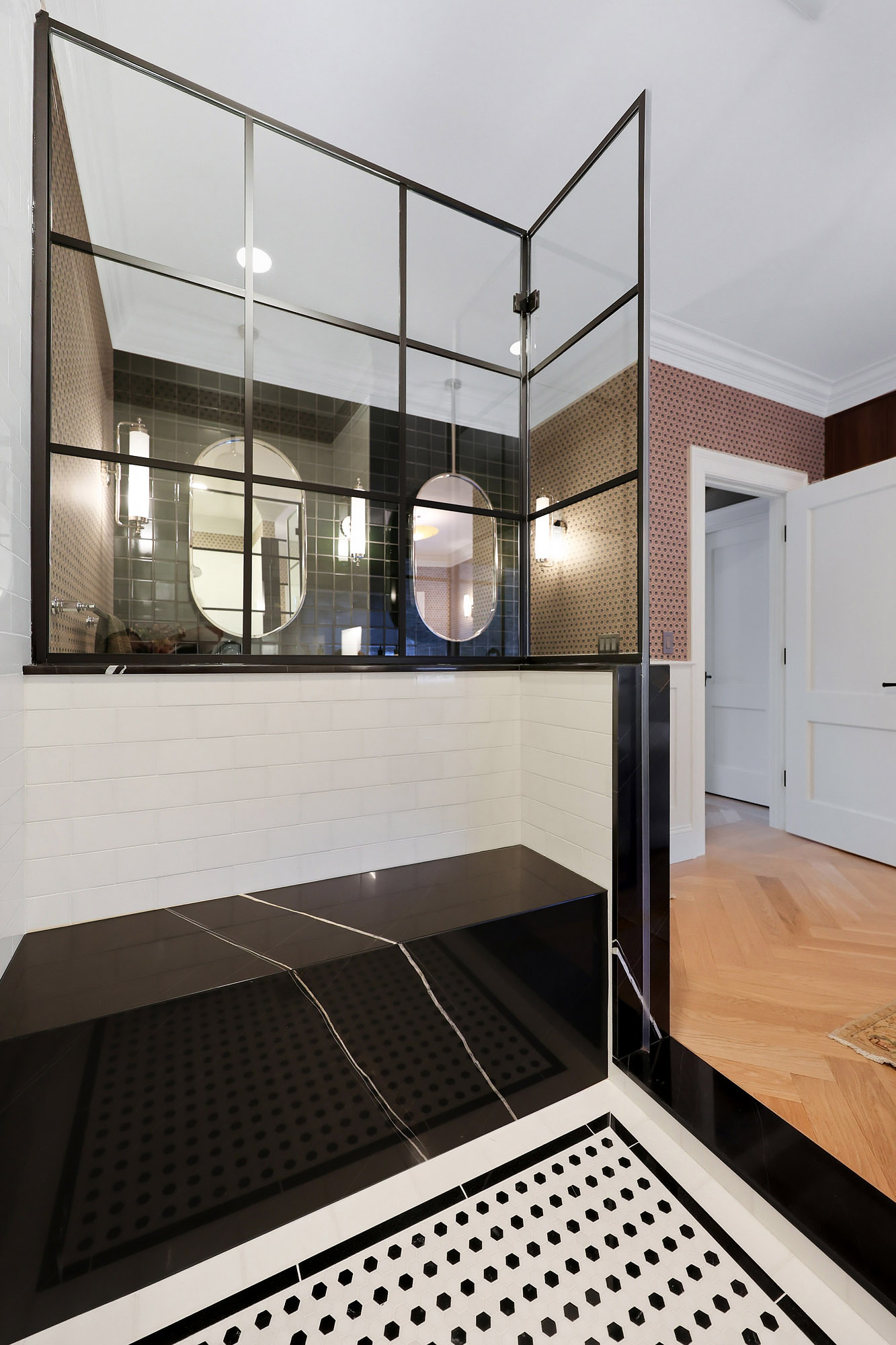 Iron frame shower subway tile hexagonal floor freestanding tub view — Bronwyn Poole Interiors