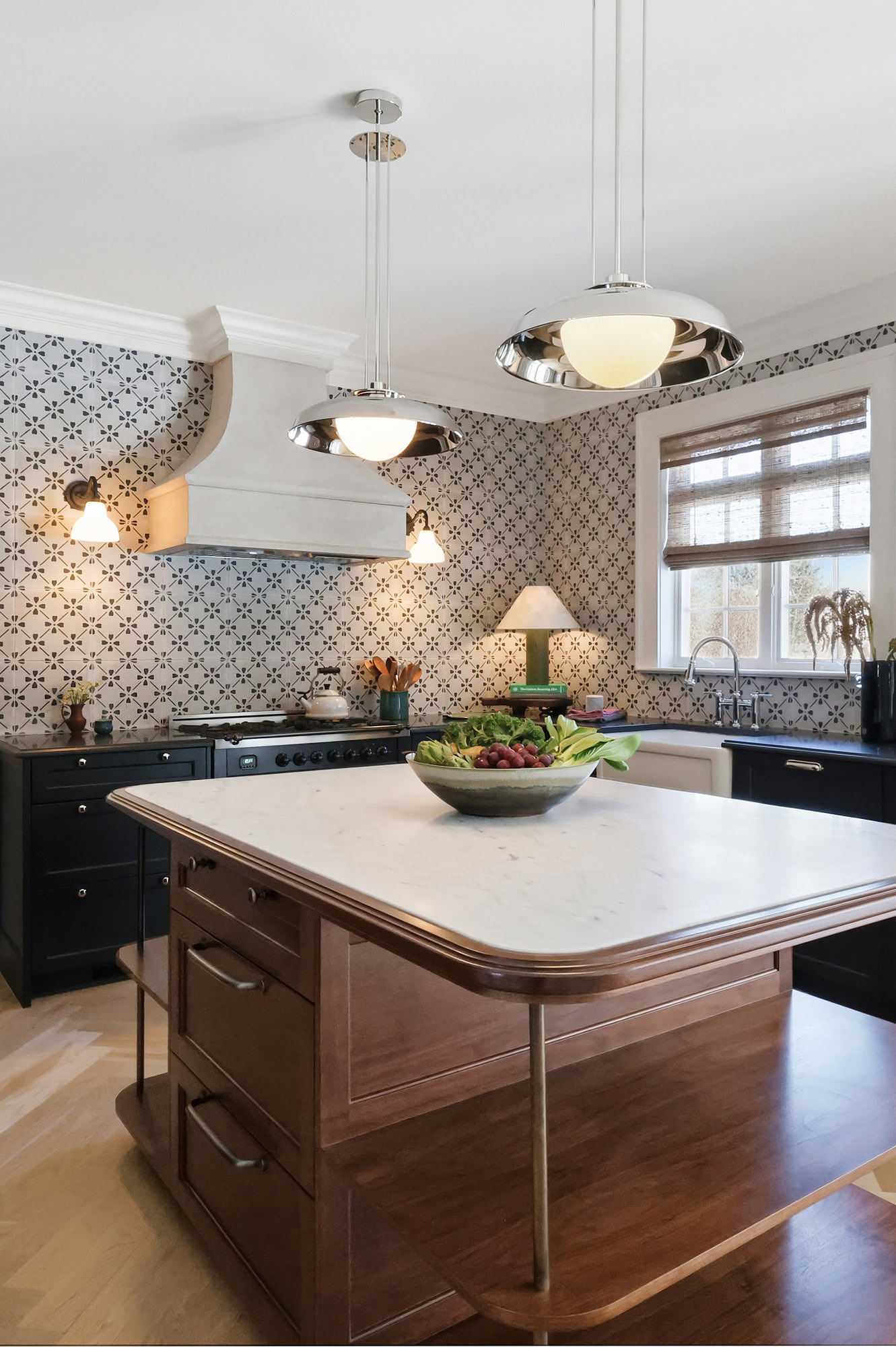 Kitchen overview walnut island marble top chrome saucer pendants plaster hood farmhouse sink floral tile black cabinets — Bronwyn Poole Interiors Kitchen overview walnut island marble top chrome saucer pendants plaster hood farmhouse sink floral tile black cabinets — Bronwyn Poole Interiors
