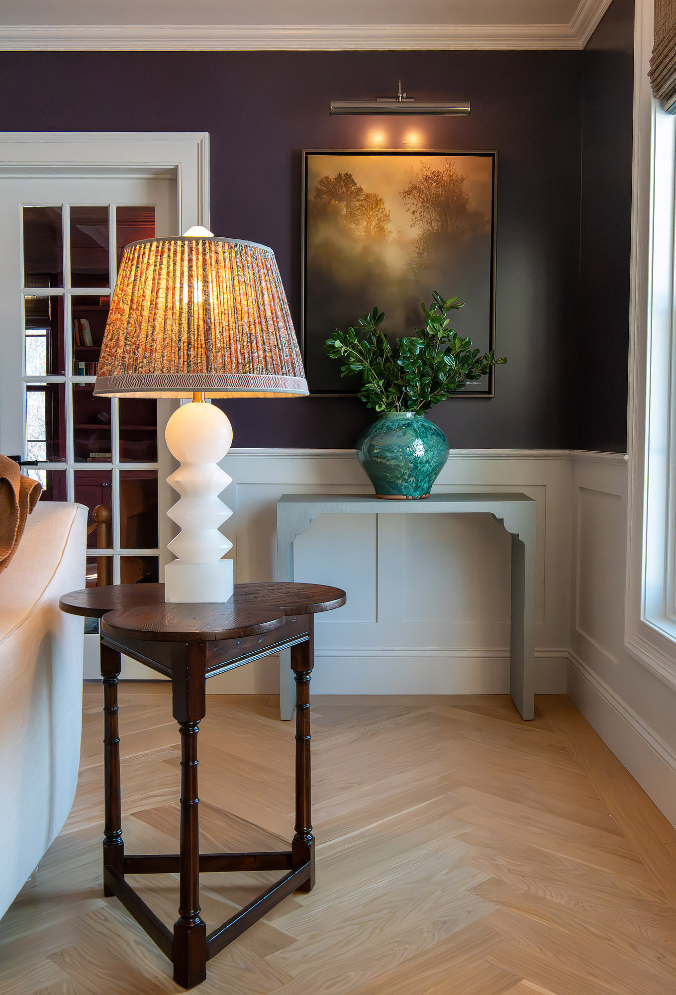 Living room corner detail aubergine walls misty tree painting pleated shade lamp spool table turquoise vase boxwood — Bronwyn Poole Interiors Living room corner detail aubergine walls misty tree painting pleated shade lamp spool table turquoise vase boxwood — Bronwyn Poole Interiors
