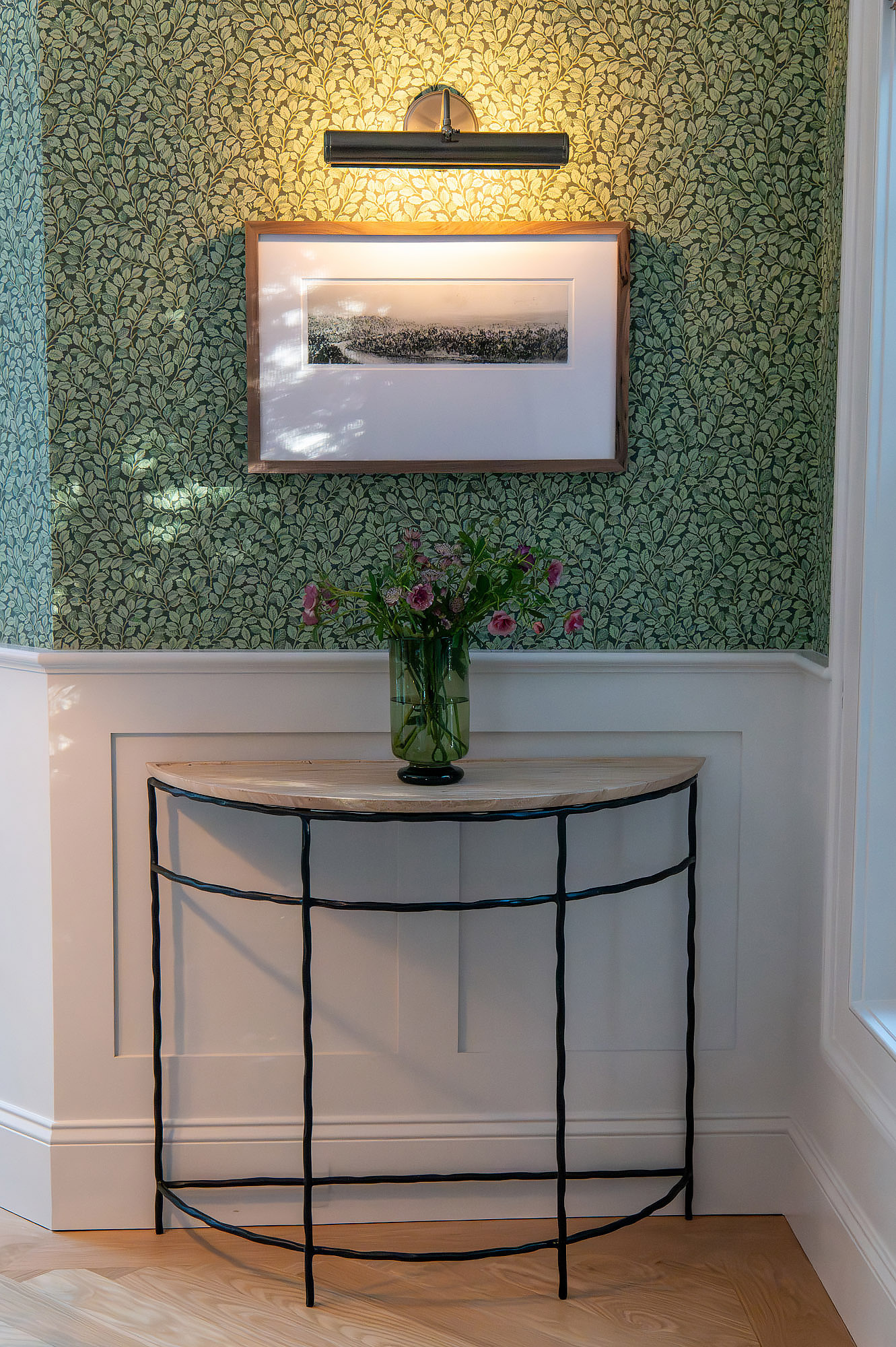Living room corner iron demilune console picture light river print pink blooms green leaf wallpaper wainscot — Bronwyn Poole Interiors Living room corner iron demilune console picture light river print pink blooms green leaf wallpaper wainscot — Bronwyn Poole Interiors