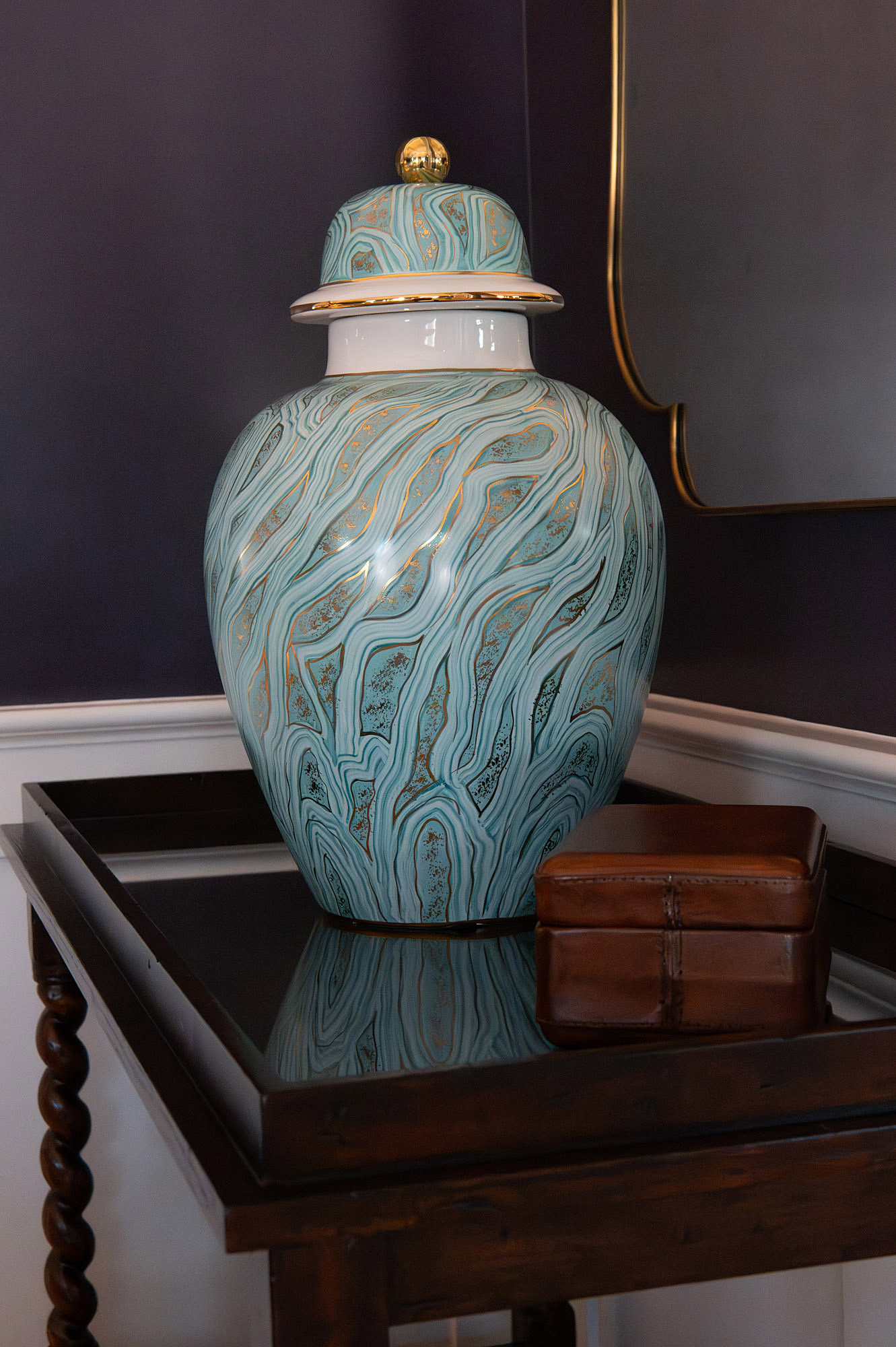 Living room detail celadon marbled ginger jar lamp leather box aubergine walls brass mirror edge — Bronwyn Poole Interiors Living room detail celadon marbled ginger jar lamp leather box aubergine walls brass mirror edge — Bronwyn Poole Interiors