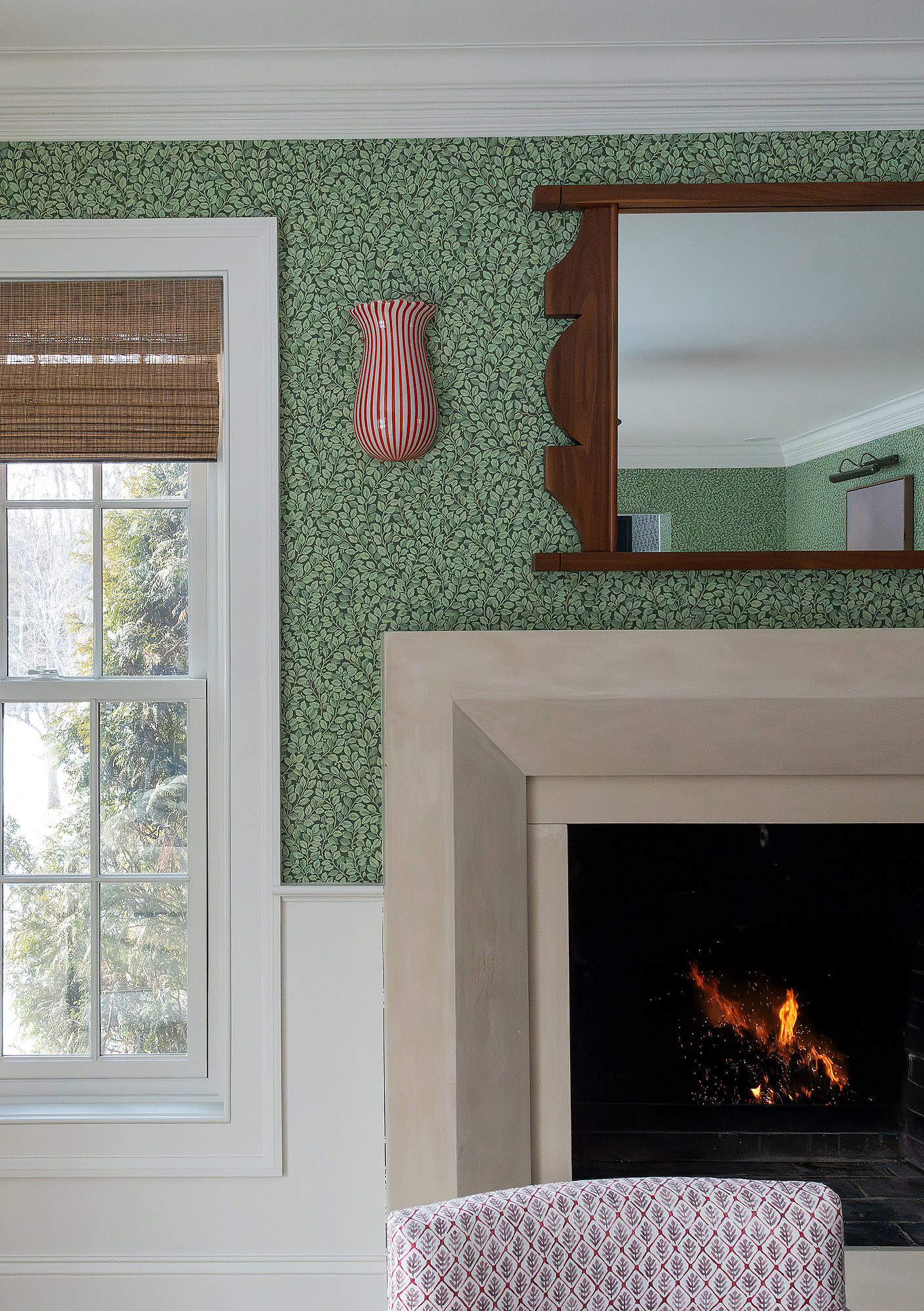 Living room fireplace detail plaster surround red striped tulip sconce walnut mirror window block print chair — Bronwyn Poole Interiors Living room fireplace detail plaster surround red striped tulip sconce walnut mirror window block print chair — Bronwyn Poole Interiors