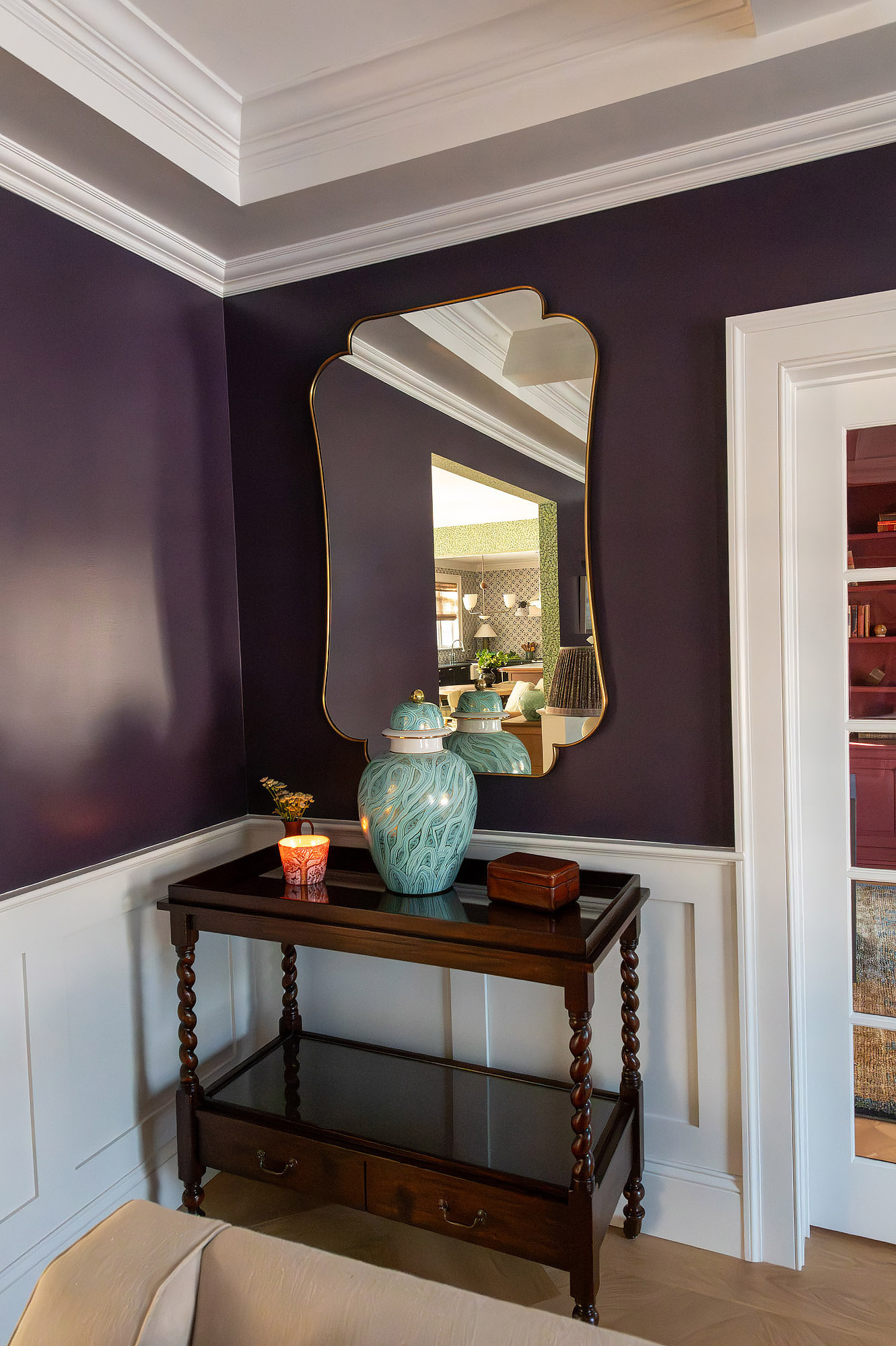 Living room mirror detail aubergine walls curvilinear brass mirror pair celadon ginger jar lamps barley twist console — Bronwyn Poole Interiors Living room mirror detail aubergine walls curvilinear brass mirror pair celadon ginger jar lamps barley twist console — Bronwyn Poole Interiors