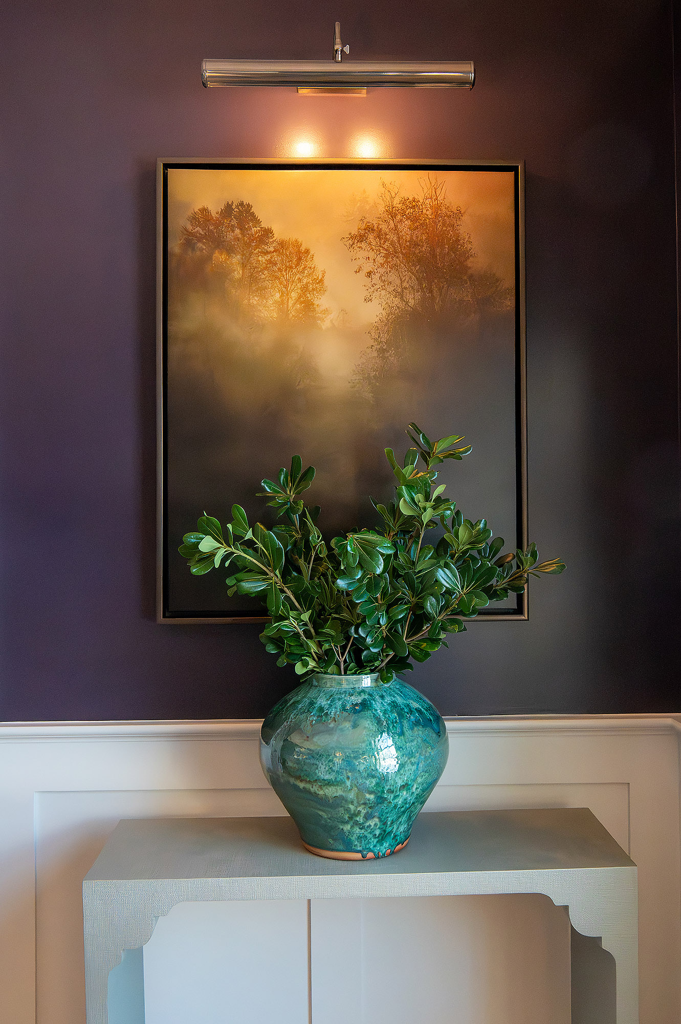 Living room vignette aubergine walls misty tree painting picture light turquoise glazed vase boxwood grasscloth console — Bronwyn Poole Interiors Living room vignette aubergine walls misty tree painting picture light turquoise glazed vase boxwood grasscloth console — Bronwyn Poole Interiors