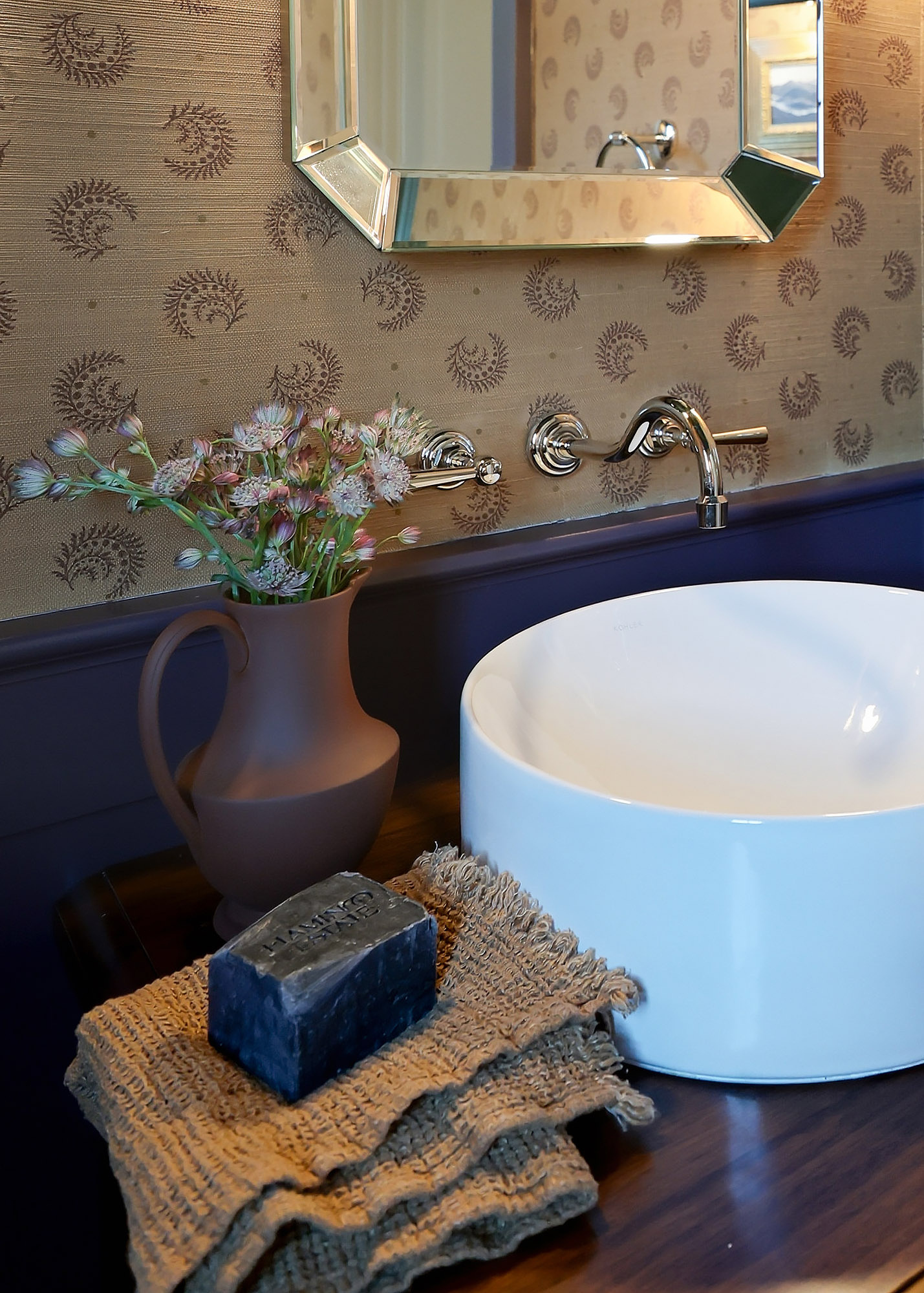 Powder room vessel sink detail paisley wallpaper chrome wall faucet terracotta pitcher astrantia charcoal soap burlap cloth — Bronwyn Poole Interiors Powder room vessel sink detail paisley wallpaper chrome wall faucet terracotta pitcher astrantia charcoal soap burlap cloth — Bronwyn Poole Interiors