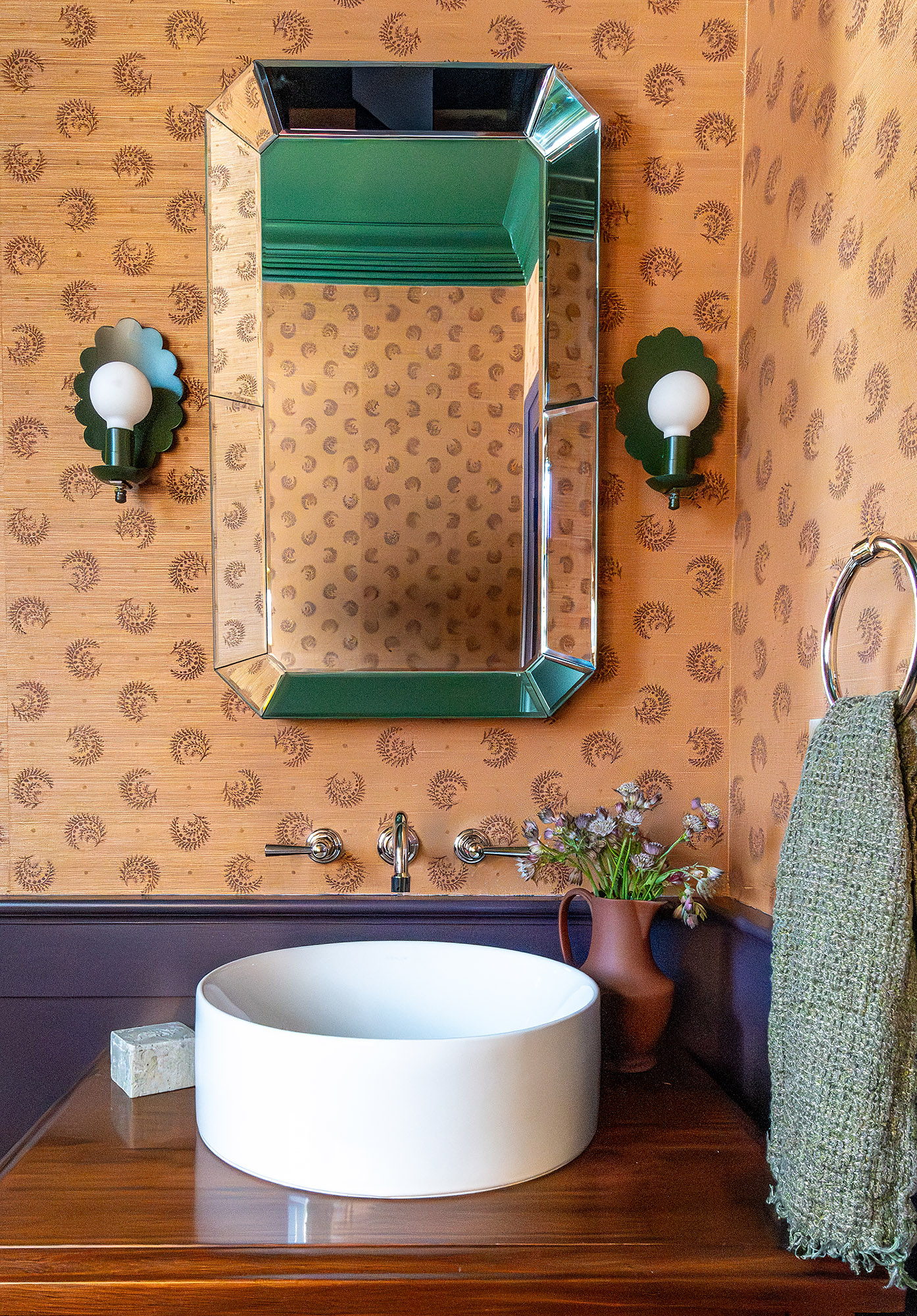 Powder room vessel sink walnut vanity paisley wallpaper beveled mirror green sconces — Bronwyn Poole Interiors Powder room vessel sink walnut vanity paisley wallpaper beveled mirror green sconces — Bronwyn Poole Interiors