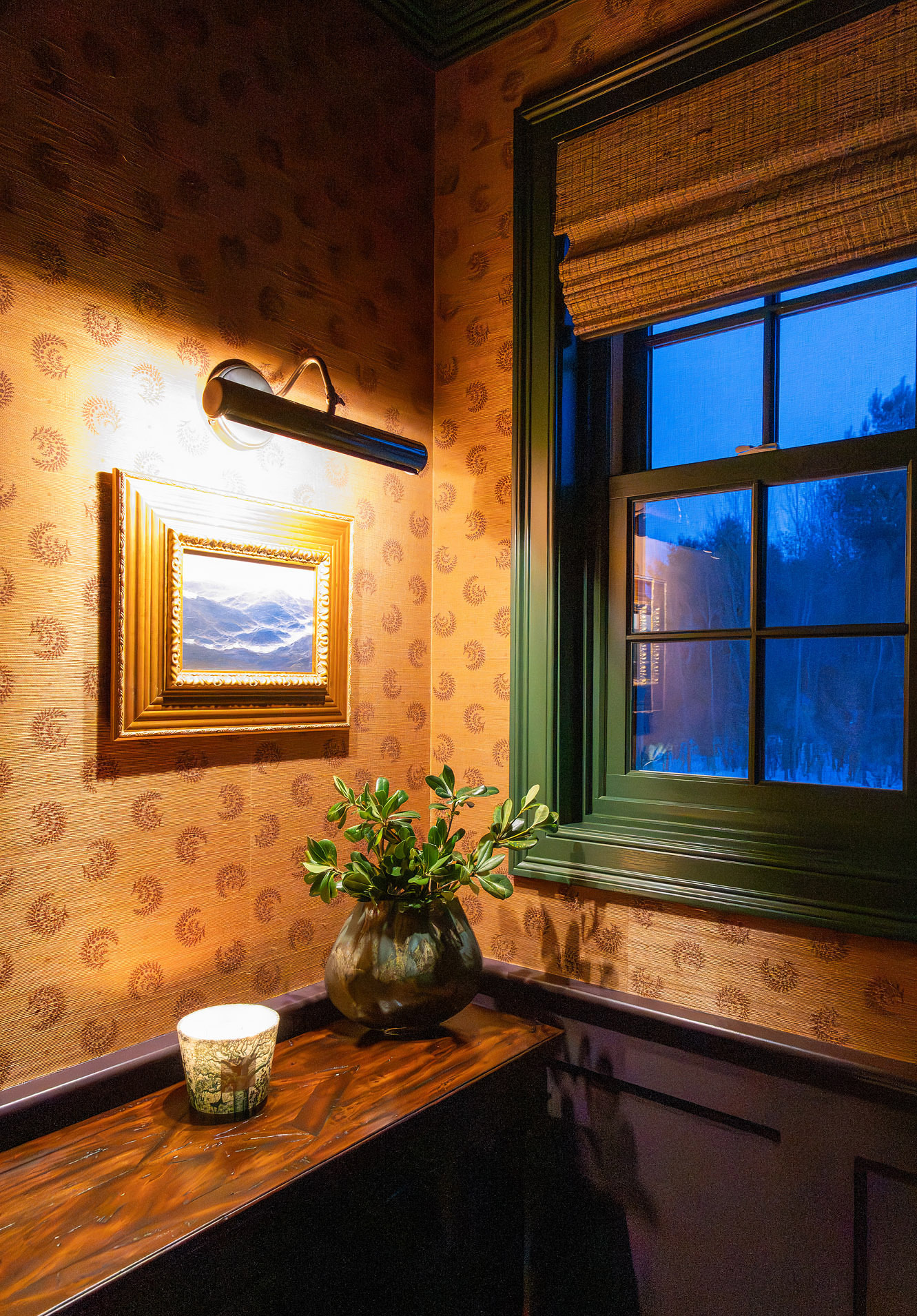 Powder room woven wallpaper picture light walnut counter green trim evening — Bronwyn Poole Interiors Powder room woven wallpaper picture light walnut counter green trim evening — Bronwyn Poole Interiors