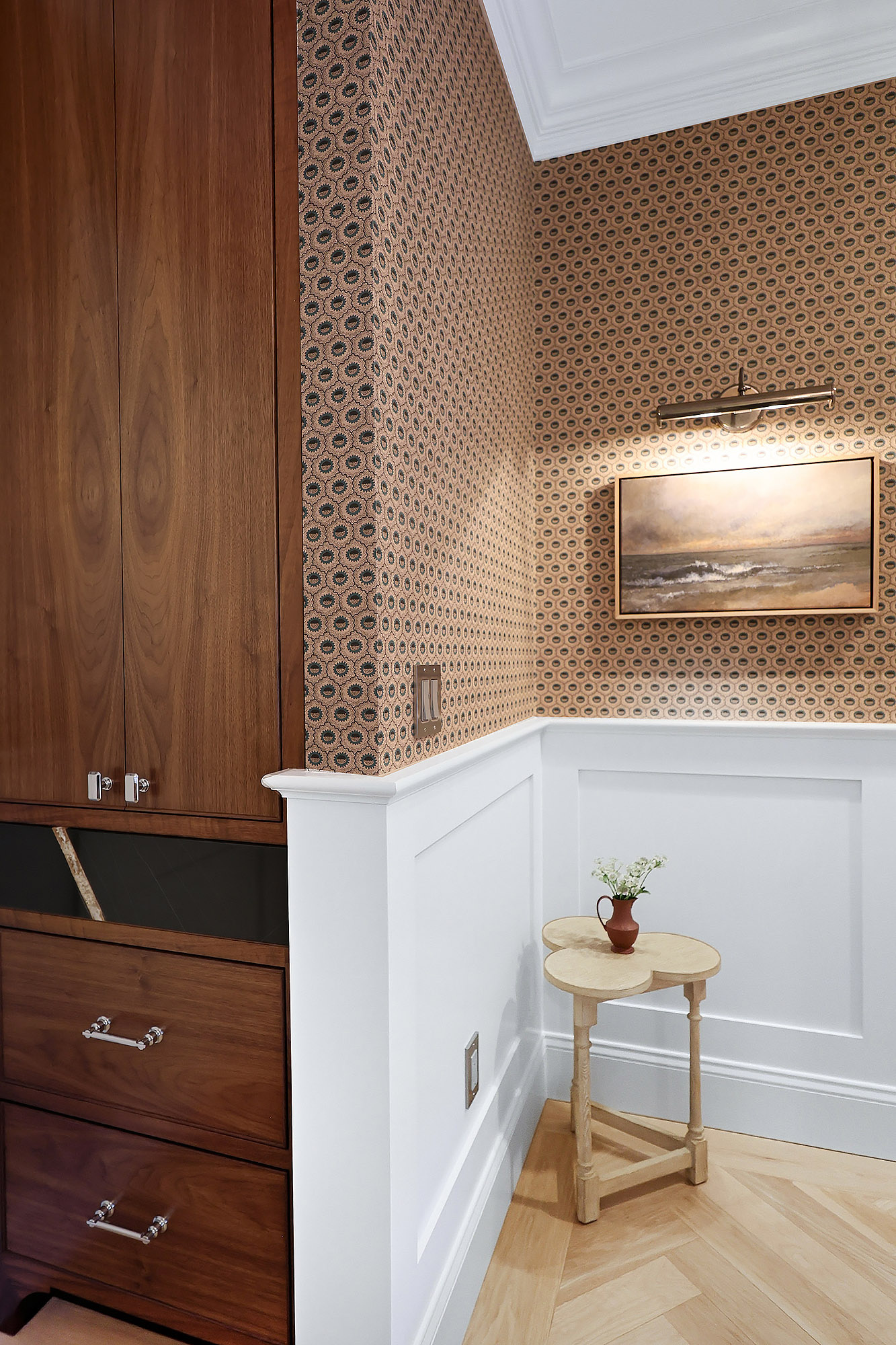 Primary bathroom detail walnut cabinet terracotta geometric wallpaper picture light seascape trefoil side table — Bronwyn Poole Interiors