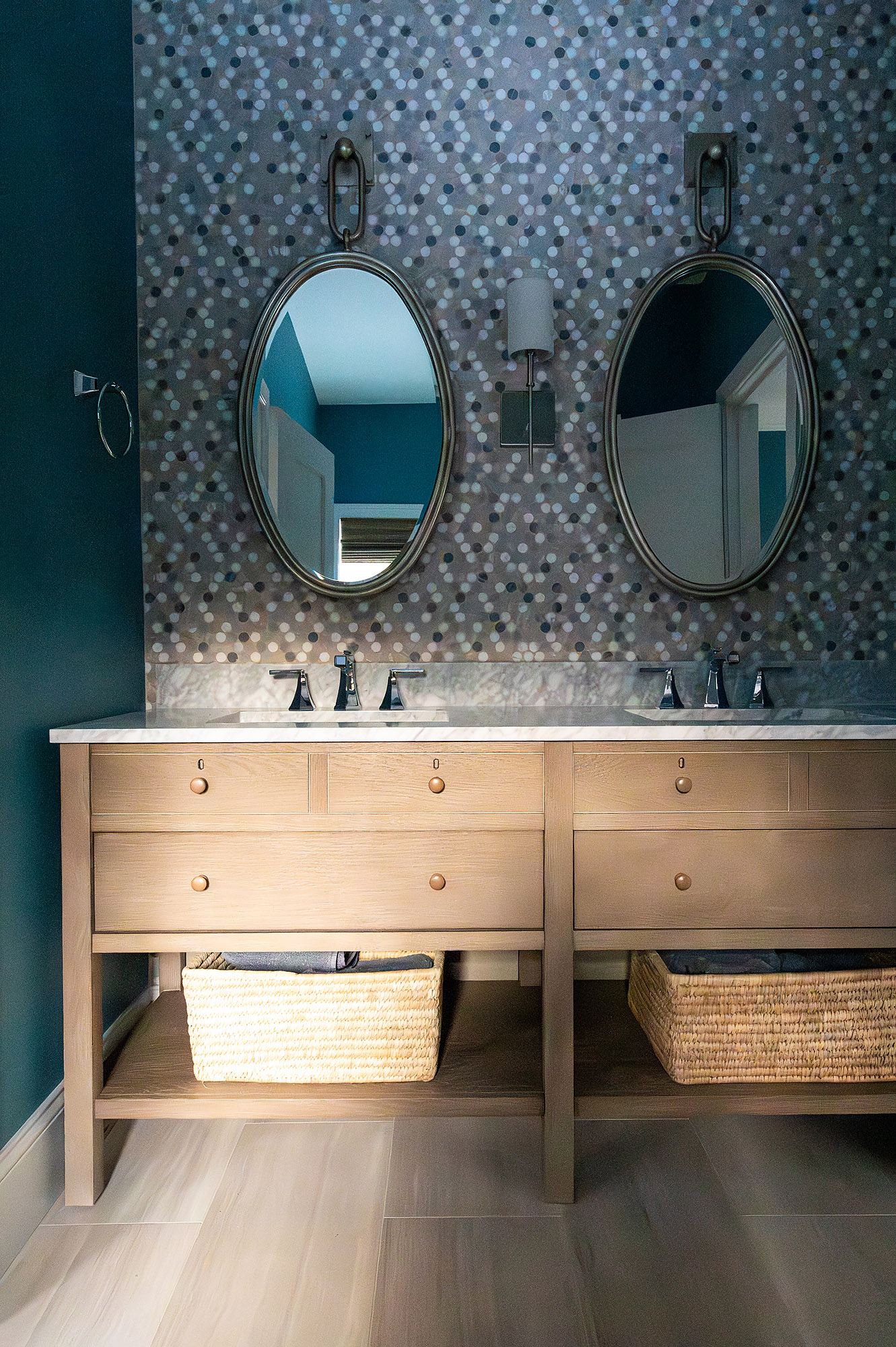 Bronwyn Poole Interiors Teal Bathroom Dual Oval Mirrors Oak Vanity Marble Top Penny Tile Woven Baskets — Interior Design by Bronwyn Poole