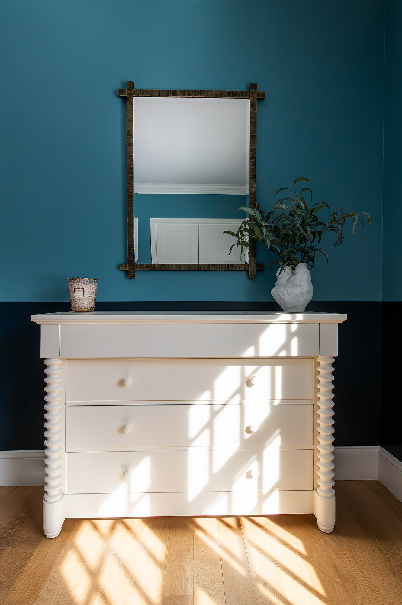 Bronwyn Poole Interiors Teal Bedroom White Spindle Dresser Rustic Mirror Eucalyptus Candle Sunlight — Interior Design by Bronwyn Poole