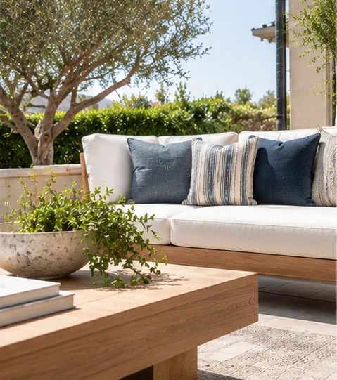 Design inspiration: outdoor seating connected by blue, cream and striped cushions