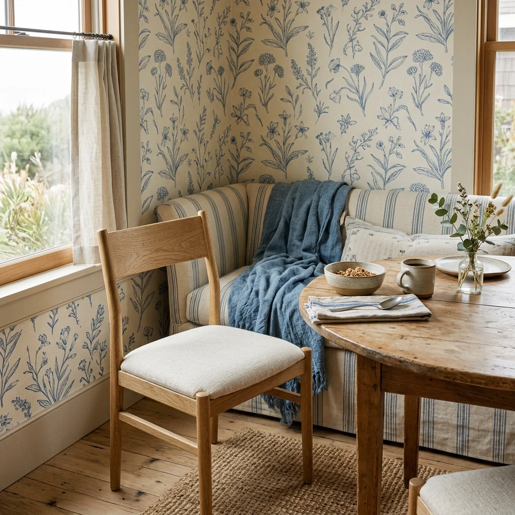 AI-generated design inspiration: blue botanical wallpaper considered alongside linen and striped upholstery