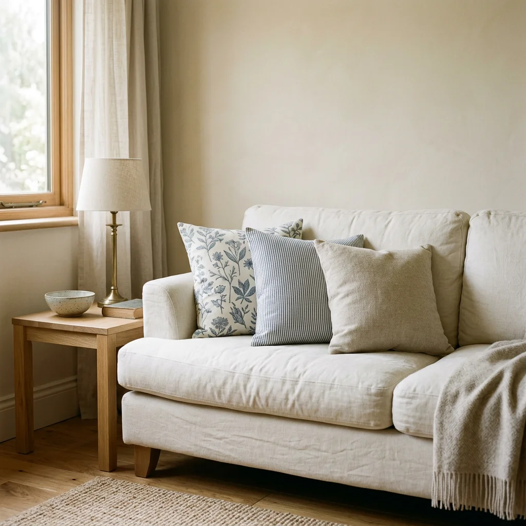 AI-generated design inspiration: botanical, striped and plain cushions layered on a linen sofa