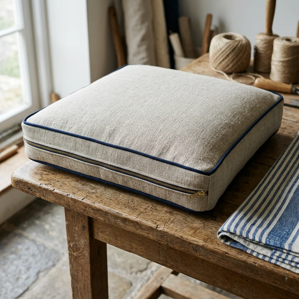 AI-generated design inspiration: linen upholstery with contrasting piping and a concealed zip