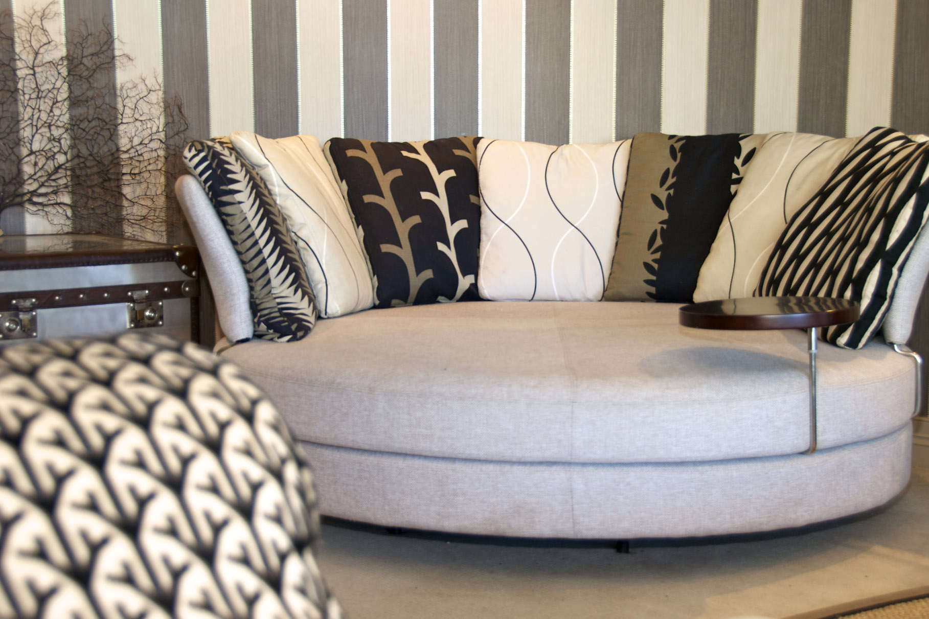 Harbourside round lounge striped wallpaper patterned cushions detail — Bronwyn Poole Interiors