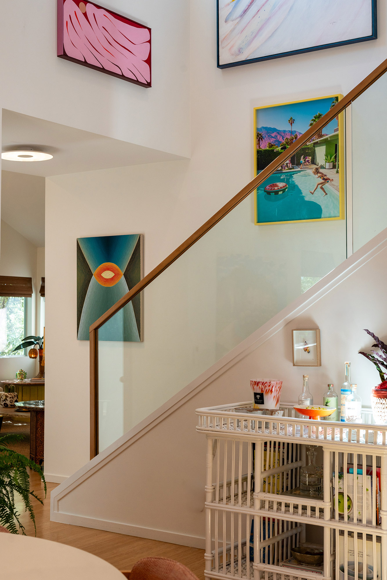 Santa monica staircase gallery wall colorful art glass railing bar cart detail — Bronwyn Poole Interiors Santa monica staircase gallery wall colorful art glass railing bar cart detail — Bronwyn Poole Interiors