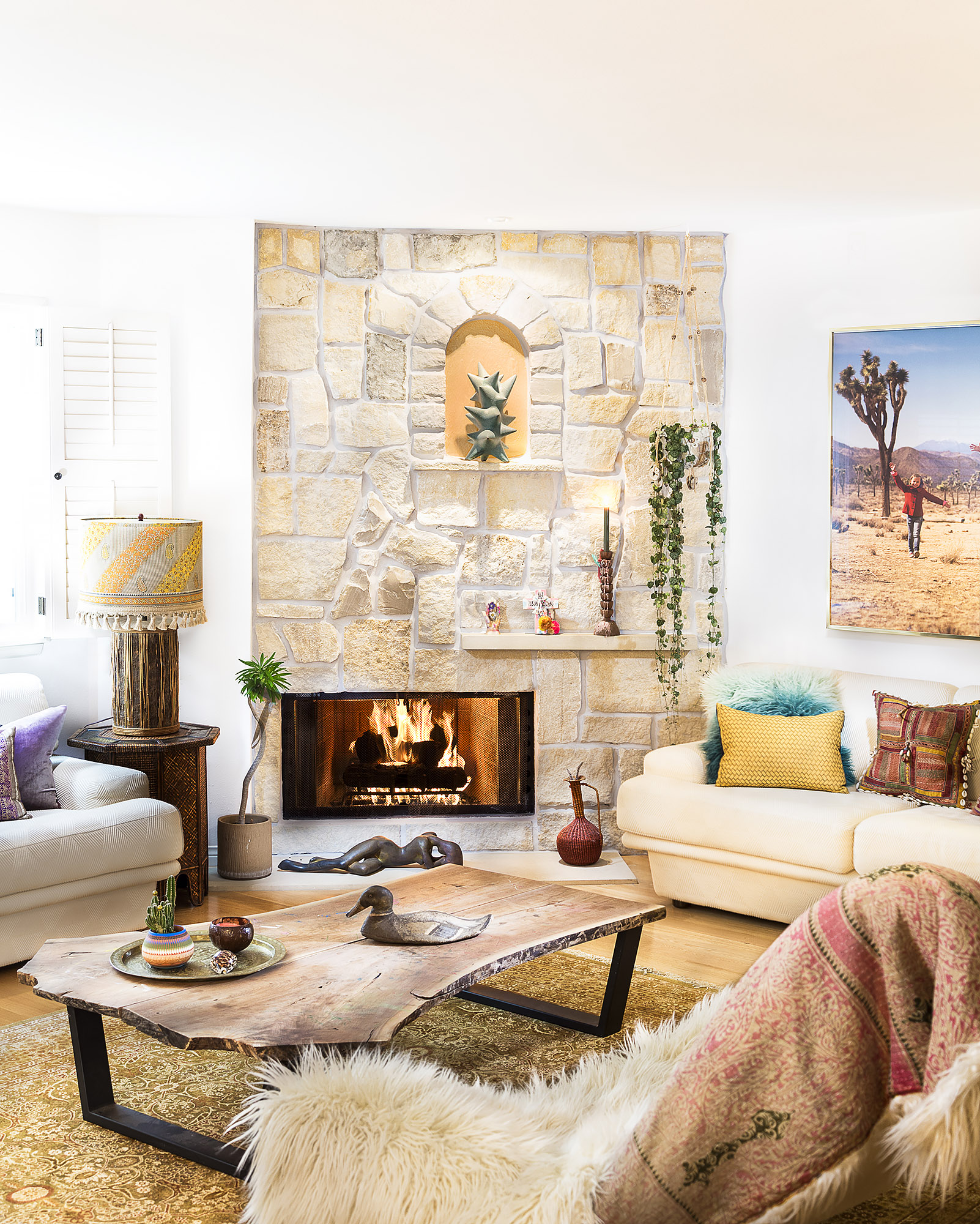 Bronwyn Poole Interiors Santa Monica Stone Fireplace Agave Niche Live Edge Table Desert Art — Interior Design by Bronwyn Poole