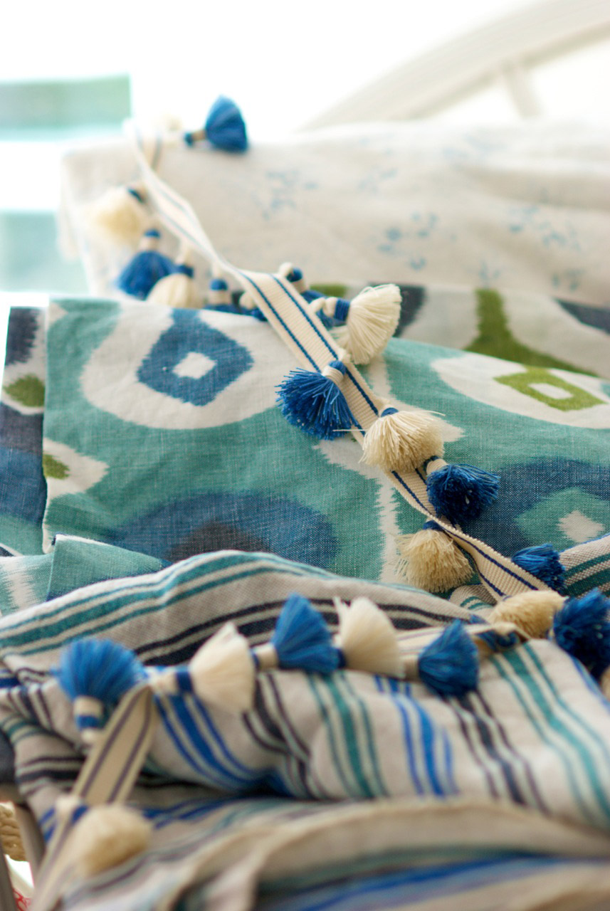 Spruson sunroom ikat cushion blue tassels striped fabric detail — Spruson Street — Bronwyn Poole Interiors Spruson sunroom ikat cushion blue tassels striped fabric detail — Spruson Street — Bronwyn Poole Interiors
