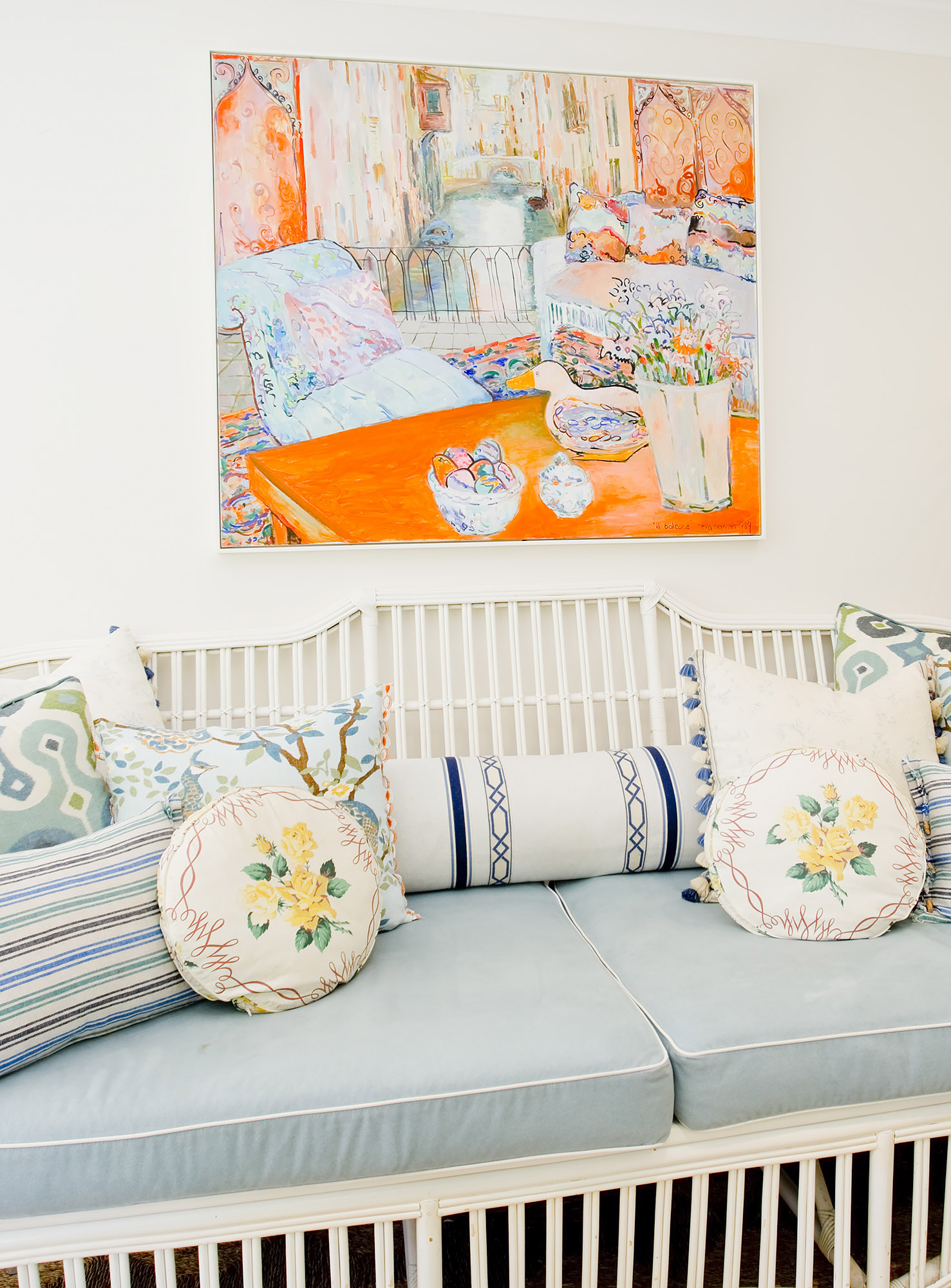 Spruson sunroom layered cushions orange painting white daybed detail — Bronwyn Poole Interiors Spruson sunroom layered cushions orange painting white daybed detail — Bronwyn Poole Interiors