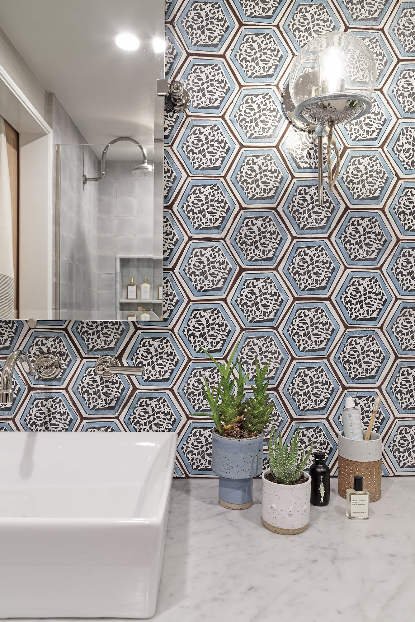 Ensuite hexagonal tile backsplash marble vanity vessel sink succulents detail — Bronwyn Poole Interiors