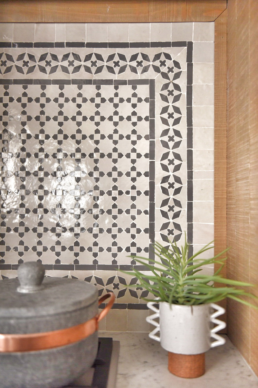 Kitchen encaustic tile backsplash detail copper pot aloe plant — Bronwyn Poole Interiors