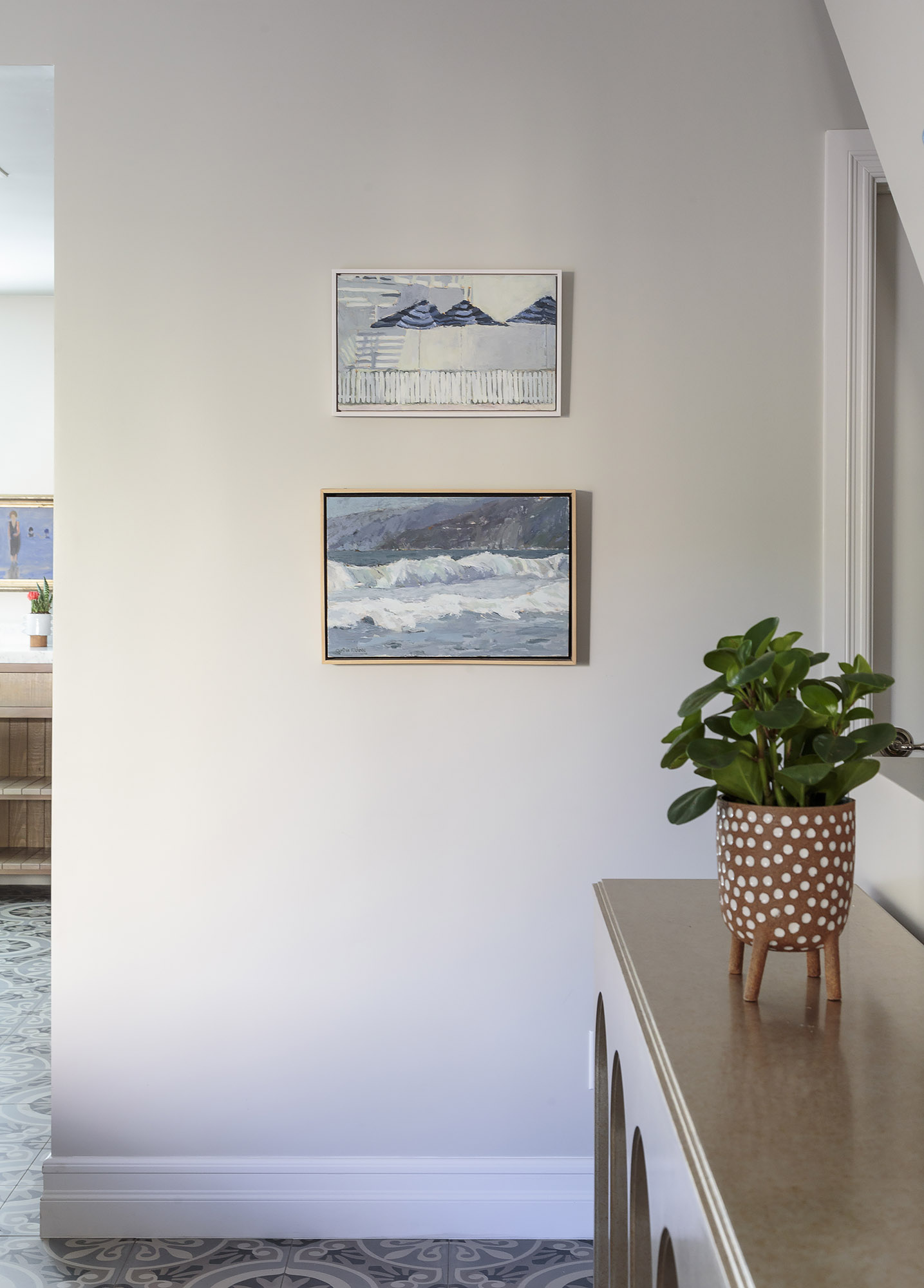 Living room coastal paintings polka dot planter radiator cover encaustic floor — Bronwyn Poole Interiors Living room coastal paintings polka dot planter radiator cover encaustic floor — Bronwyn Poole Interiors