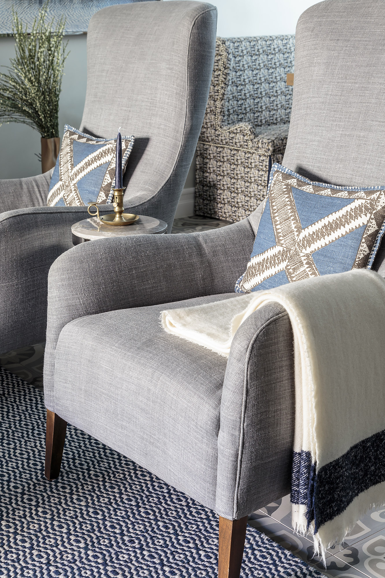 Living room gray armchairs indigo cushions herringbone rug detail — Bronwyn Poole Interiors Living room gray armchairs indigo cushions herringbone rug detail — Bronwyn Poole Interiors