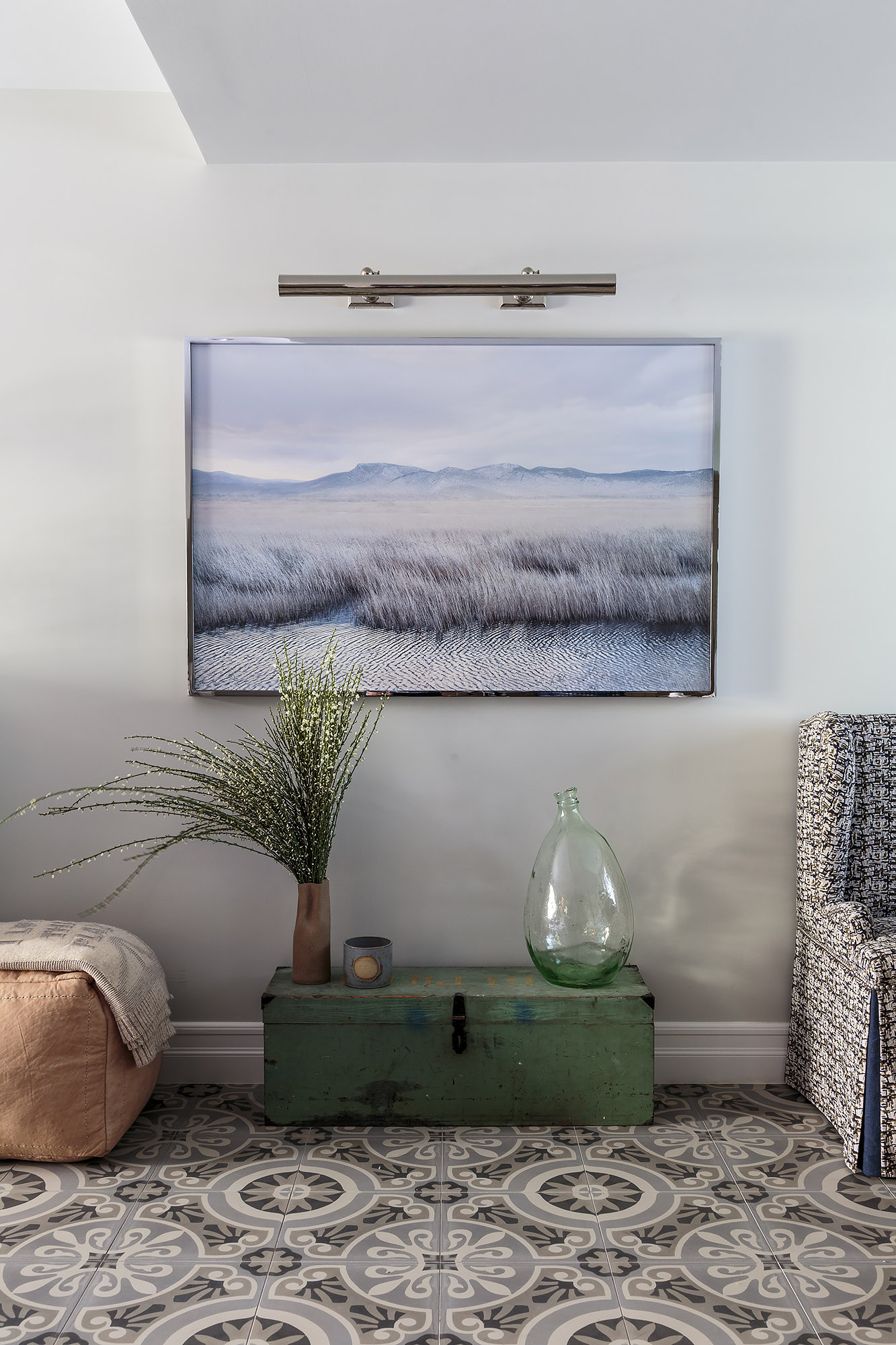 Living room landscape photograph vintage green trunk glass demijohn encaustic tile — Bronwyn Poole Interiors Living room landscape photograph vintage green trunk glass demijohn encaustic tile — Bronwyn Poole Interiors