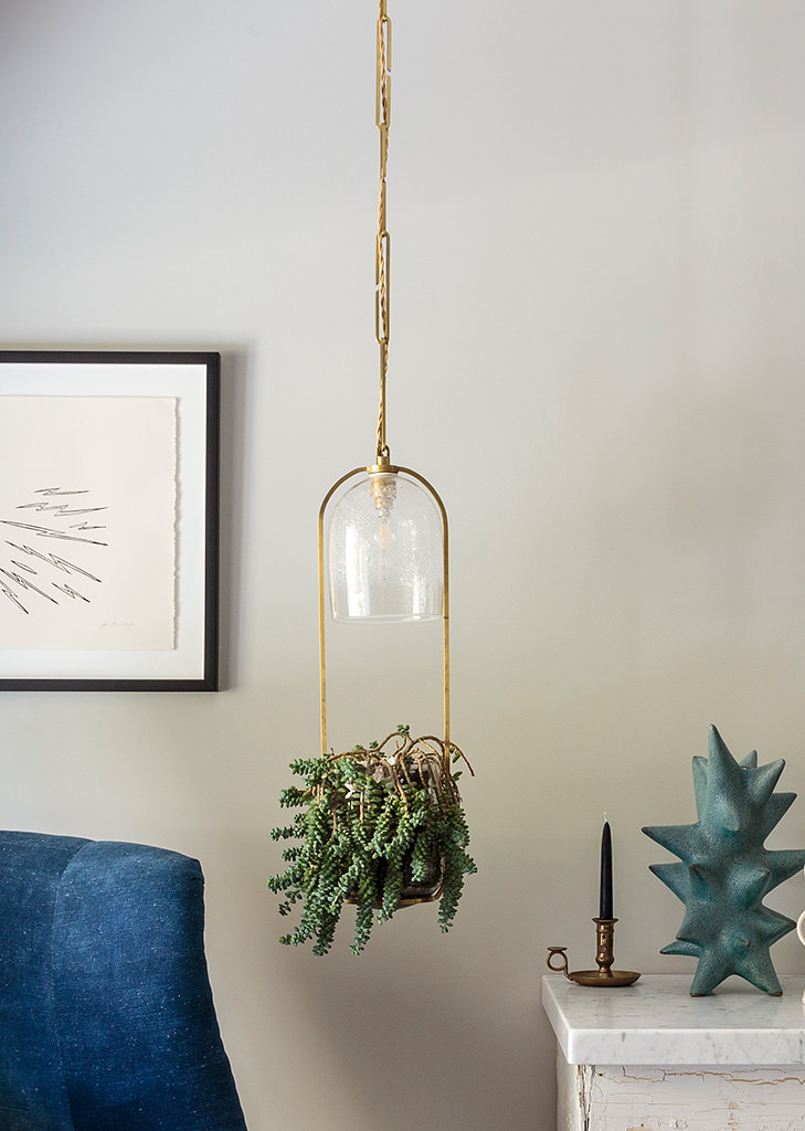 Susie brass glass plant pendant teal sculpture marble console detail — Bronwyn Poole Interiors Susie brass glass plant pendant teal sculpture marble console detail — Bronwyn Poole Interiors