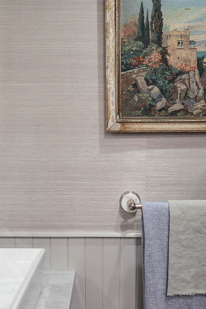 Susie ensuite grasscloth wallpaper italian painting towel bar marble bath detail — Bronwyn Poole Interiors