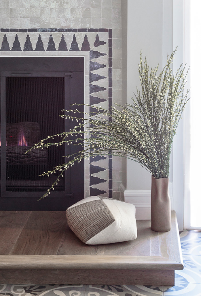 Susie moroccan tile fireplace pussy willow vase oak hearth detail — Bronwyn Poole Interiors Susie moroccan tile fireplace pussy willow vase oak hearth detail — Bronwyn Poole Interiors