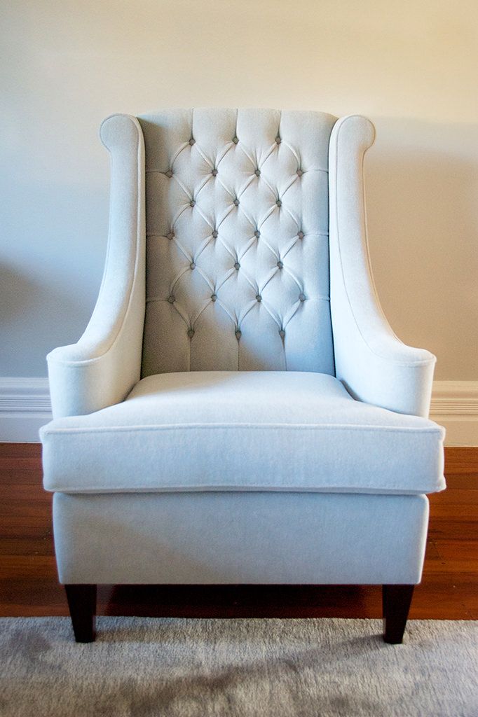 Bronwyn Poole Interiors Archive Tufted Wingback Chair Light Grey Felt Timber Floor Wool Rug — Interior Design by Bronwyn Poole