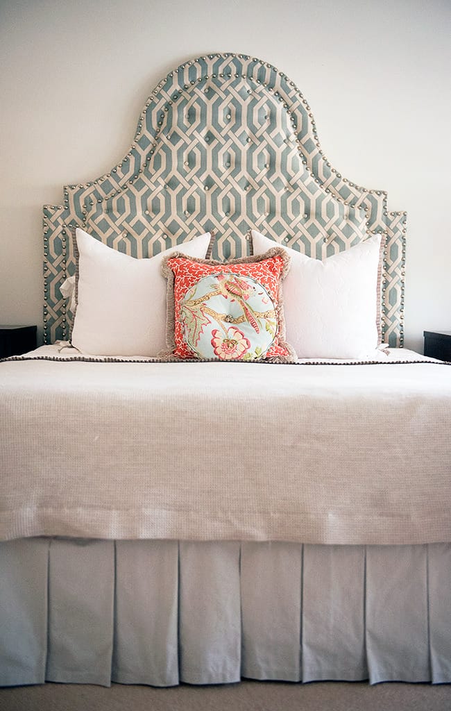 Bronwyn Poole Interiors Before The Build Trellis Upholstered Headboard Chinoiserie Pillow Linen Bedskirt — Interior Design by Bronwyn Poole