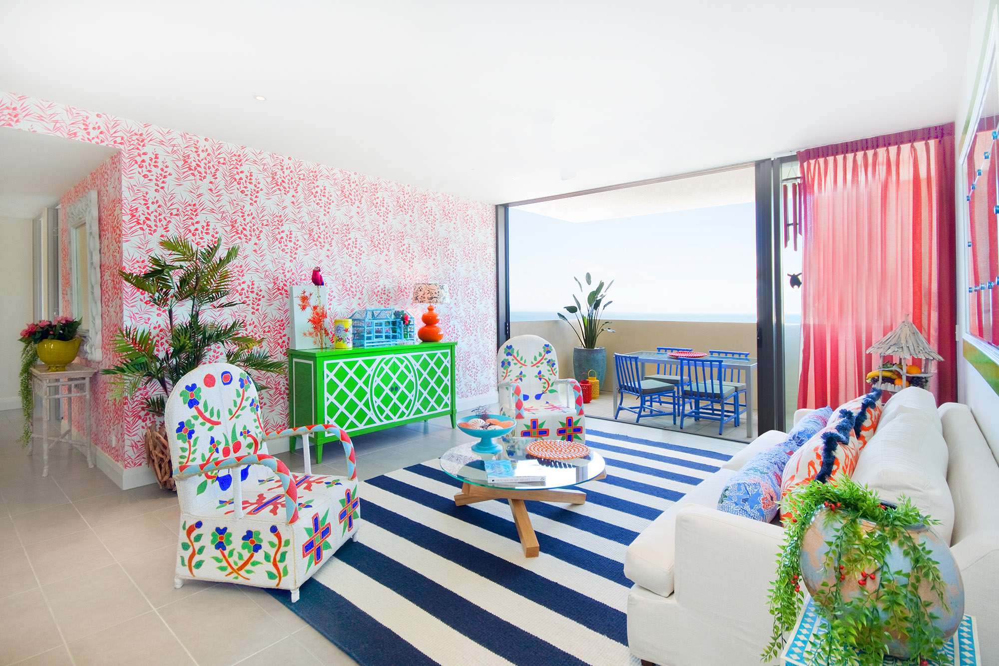 Bronwyn Poole Interiors Caribbean Carnivale Living Room Eclectic Wallpaper Striped Rug — Interior Design by Bronwyn Poole