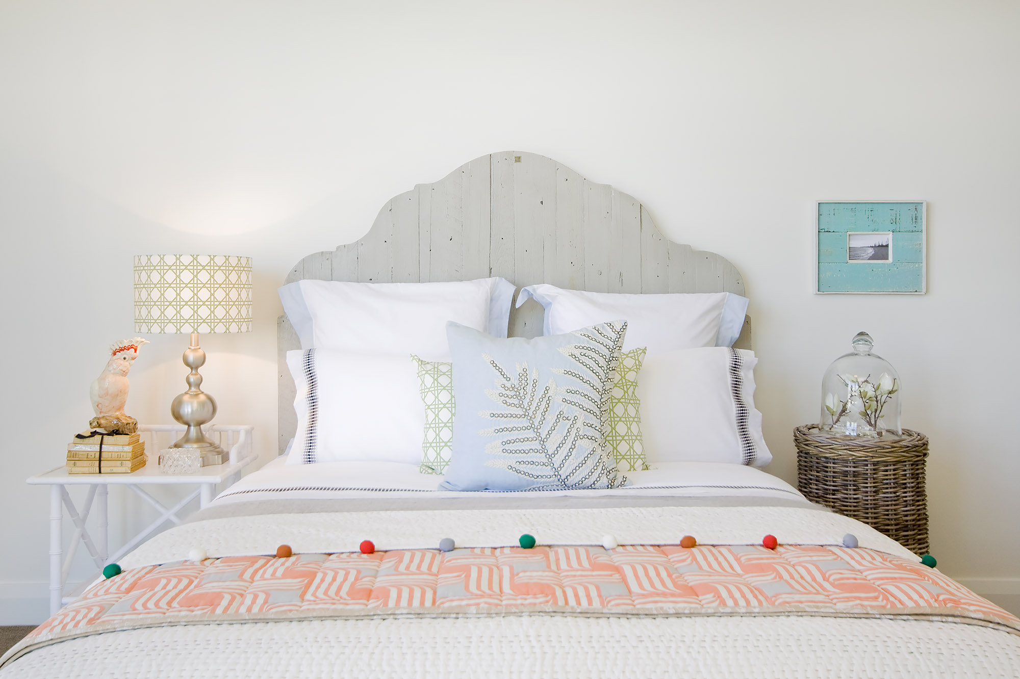 Bronwyn Poole Interiors Coastal Bedroom Weathered Plank Headboard Fern Pillow Pom Pom Throw Rattan Basket — Interior Design by Bronwyn Poole