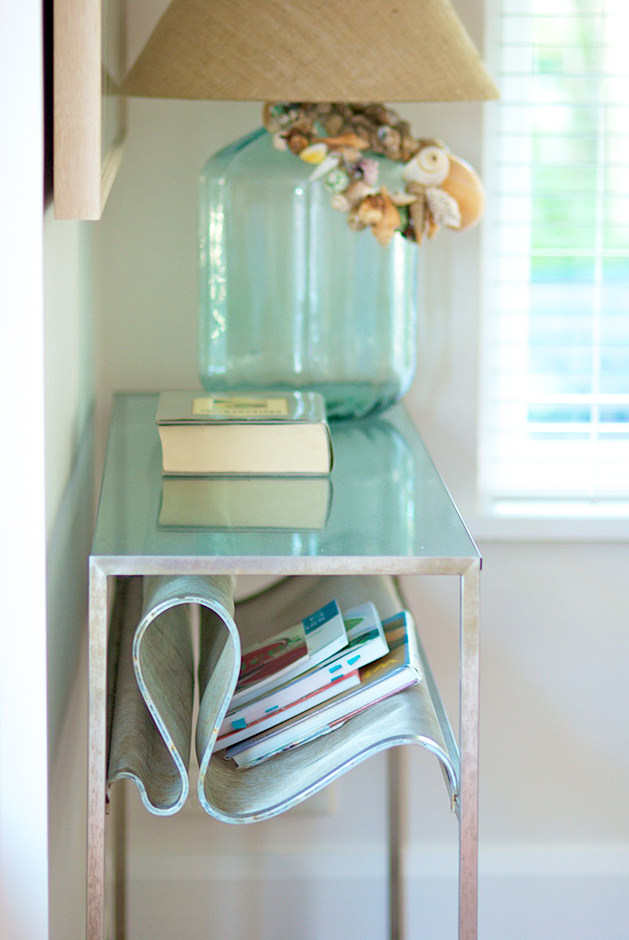 Bronwyn Poole Interiors Coastal Console Table Sea Glass Lamp Shell Wreath Magazine Rack — Interior Design by Bronwyn Poole