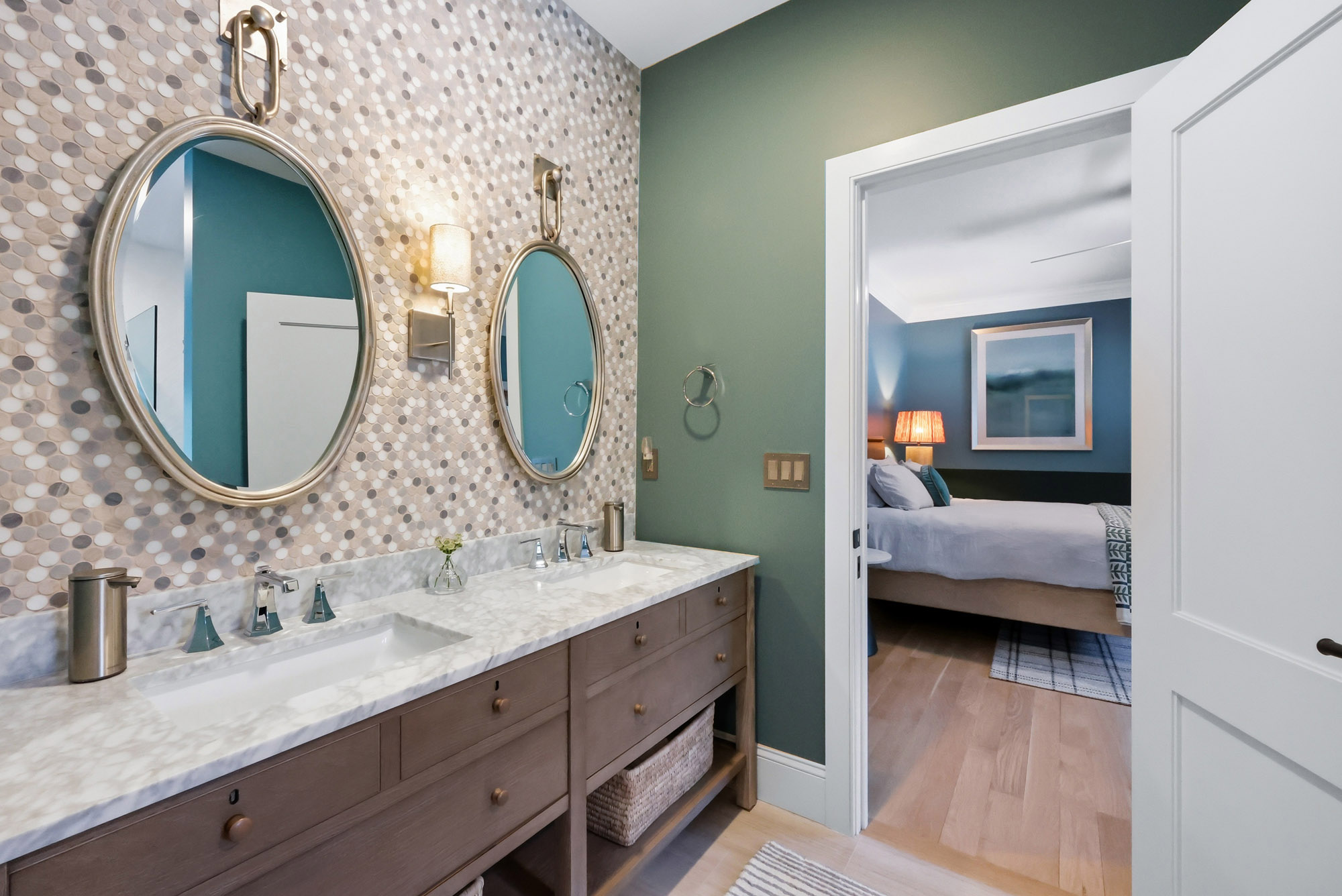 Bronwyn Poole Interiors Ensuite Bathroom Penny Tile Dual Vanity Oval Mirrors Green Wall Teal Bedroom View — Interior Design by Bronwyn Poole
